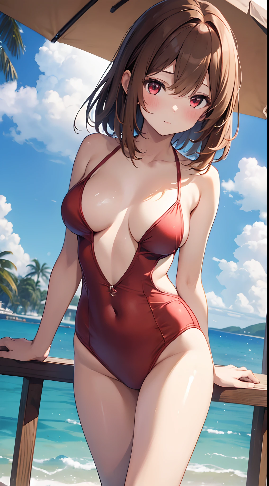 ((4K, ​master piece, Best Quality)), 1girl in, Light brown SHRT hair, Red Eyes, center parted hair, medium breasts⁩, Cute, blush, Swimsuit, Summer,Beautiful and perfect legs, Clean and perfect hands