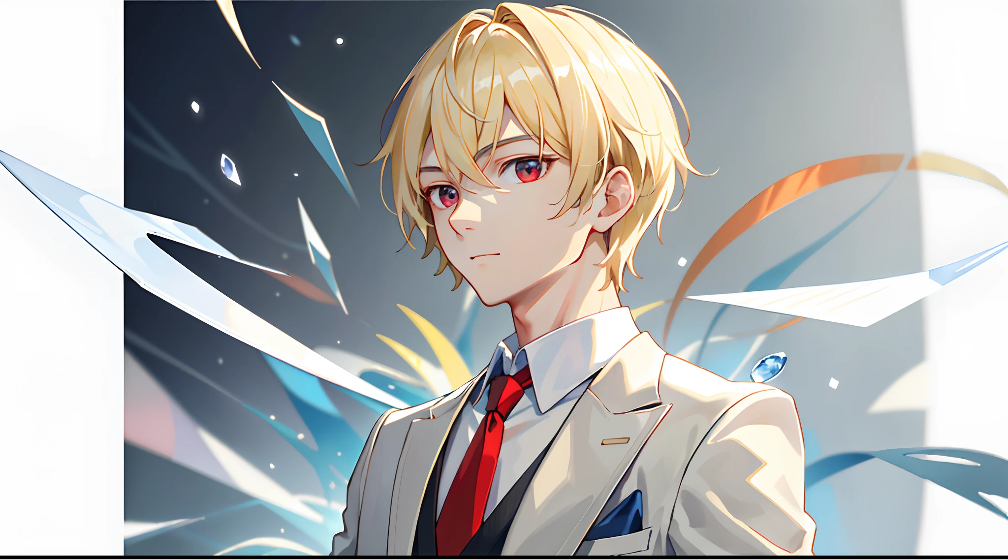 ((masterpiece、top-quality、ultra-definition、high-detail))、One young man、blonde short hair、radiant eyes、Perfect red eyes、25-years old、White shirt、Fasten your tie with both hands、Beautiful skins、speculum、