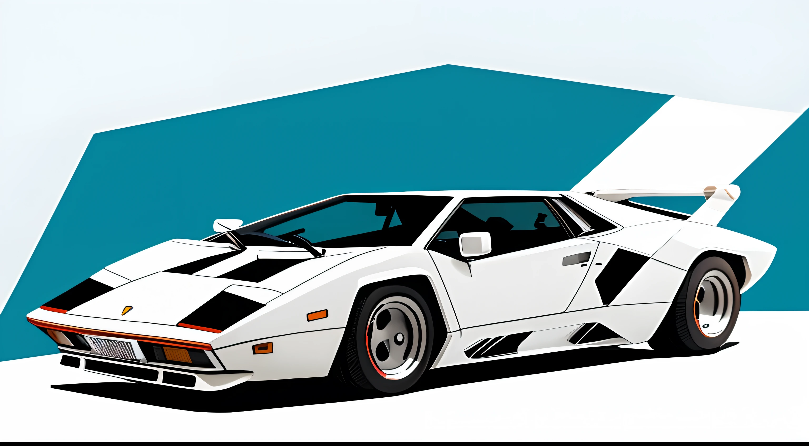 artwork of t-shirt graphic design, flat design of one retro, retro Lamborghini Countach, colourful shades, highly detailed clean, vector image, photorealistic masterpiece, professional photography, simple sunrise backdrop, flat white background, isometric, vibrant vector ((white background))