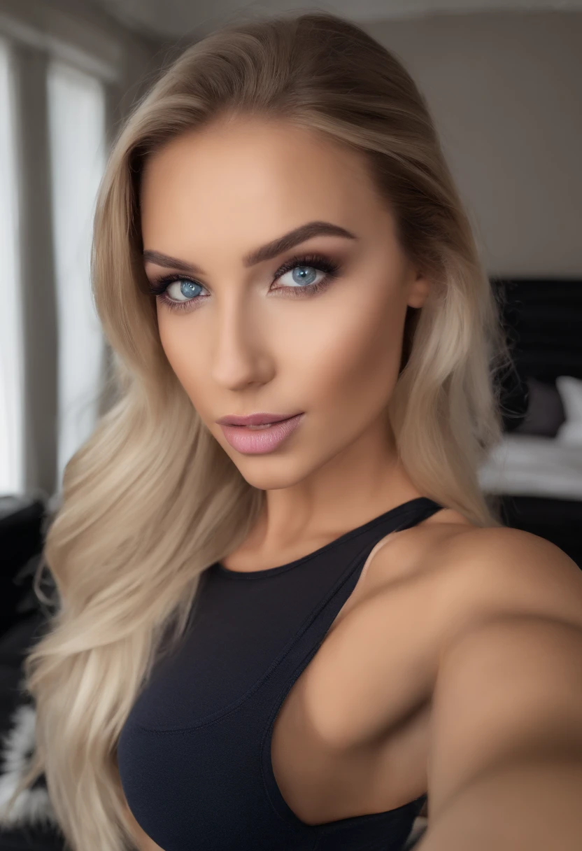 Arafed Frau mit passendem Tanktop und Leggings, Sexy girl with blue eyes, portrait sophie mudd, blonde hair and large eyes, Selfie einer jungen Frau, Augen im Schlafzimmer, Violet Myers, ohne Make-up, Natural makeup, Drehen Sie sich, um in die Kamera zu schauen, Gesicht mit Artgram, dezentes Make-up, Stunning full body shot, im Schlafzimmer, Knackarsch, niedlicher Hintern, 4K