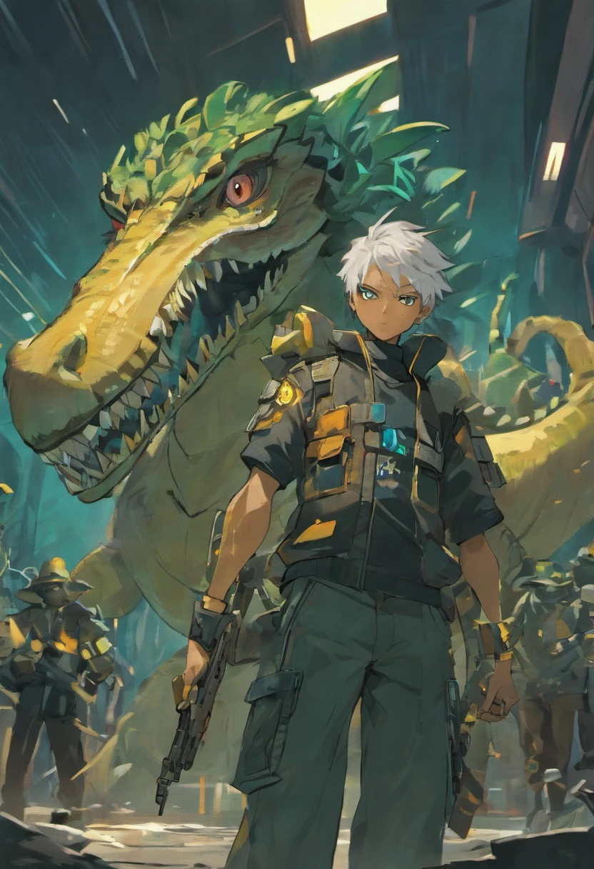 Humanoid velociraptor behind,black man holding a machine gun, cold colors, fierce expressions, battle scenes, big dynamics, story pictures
