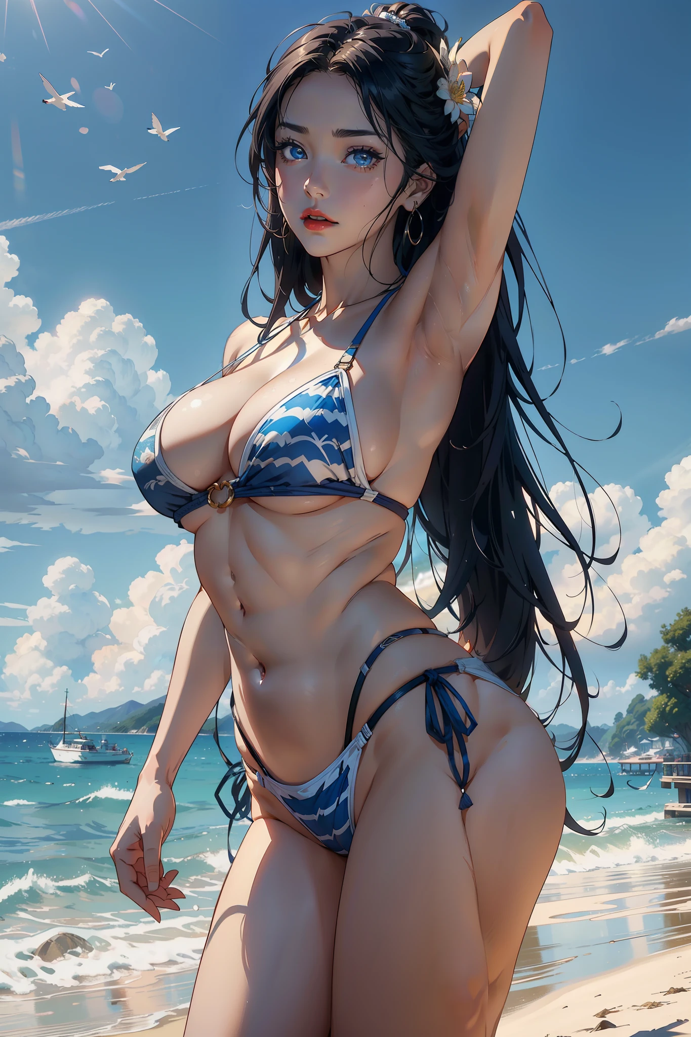 2females，standing on your feet，???????????????? apart，standing on one leg，Raise a hand，Married Woman，A MILF，熟妇，mature，extremely large ?????，plumw（Background with：urban center，the cherry trees，lotus flower） She has long black hair，bobo head，seen from the front，mostly cloudy sky，（（（tmasterpiece），（Very detailed CG unity 8K wallpaper），best qualtiy，cinmatic lighting，detailed back ground，beatiful detailed eyes，Bright pupils，Blue eyes，Snow-whiteskin，Redlip（Very fine and beautiful），（Beautiful and detailed eye description），ultra - detailed，tmasterpiece，））facing at camera，A high resolution，ultra - detailed），revealing ???????，???? ?????????，  Bulge，legs are open，Raised ????，Camel toes，Desire for dissatisfaction，frontage，Beach wind（Wearing ： ?????? with blue stripes on white background，）Look up at the camera，fully body photo