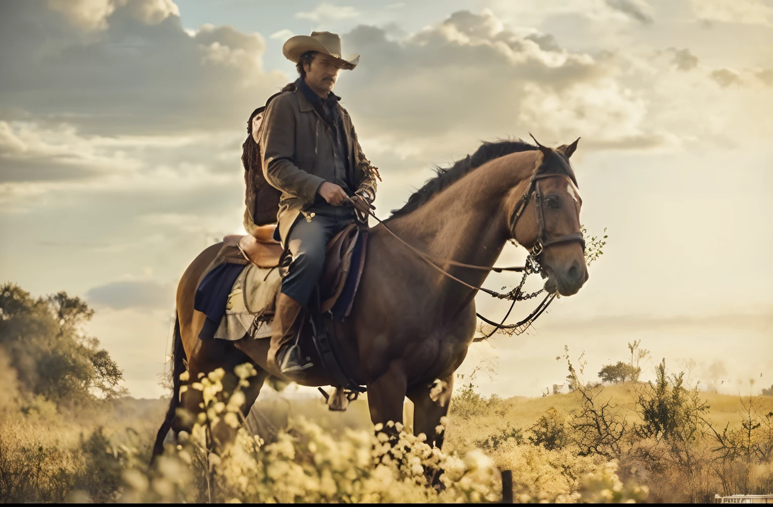 There is a man riding a horse in a field with a realistic sky background , vaqueiro, em um cavalo, horseback riding, cavaleiro, andar a cavalo, Estilo Jean Giraud, Django, [ filme de faroeste ], Velho Oeste, inspirado em Rosa Bonheur, andar a cavalo, Cowboy Negro, Directed by: Alexander Mann, an epic western, Velho Oeste, com cavalo conduzido