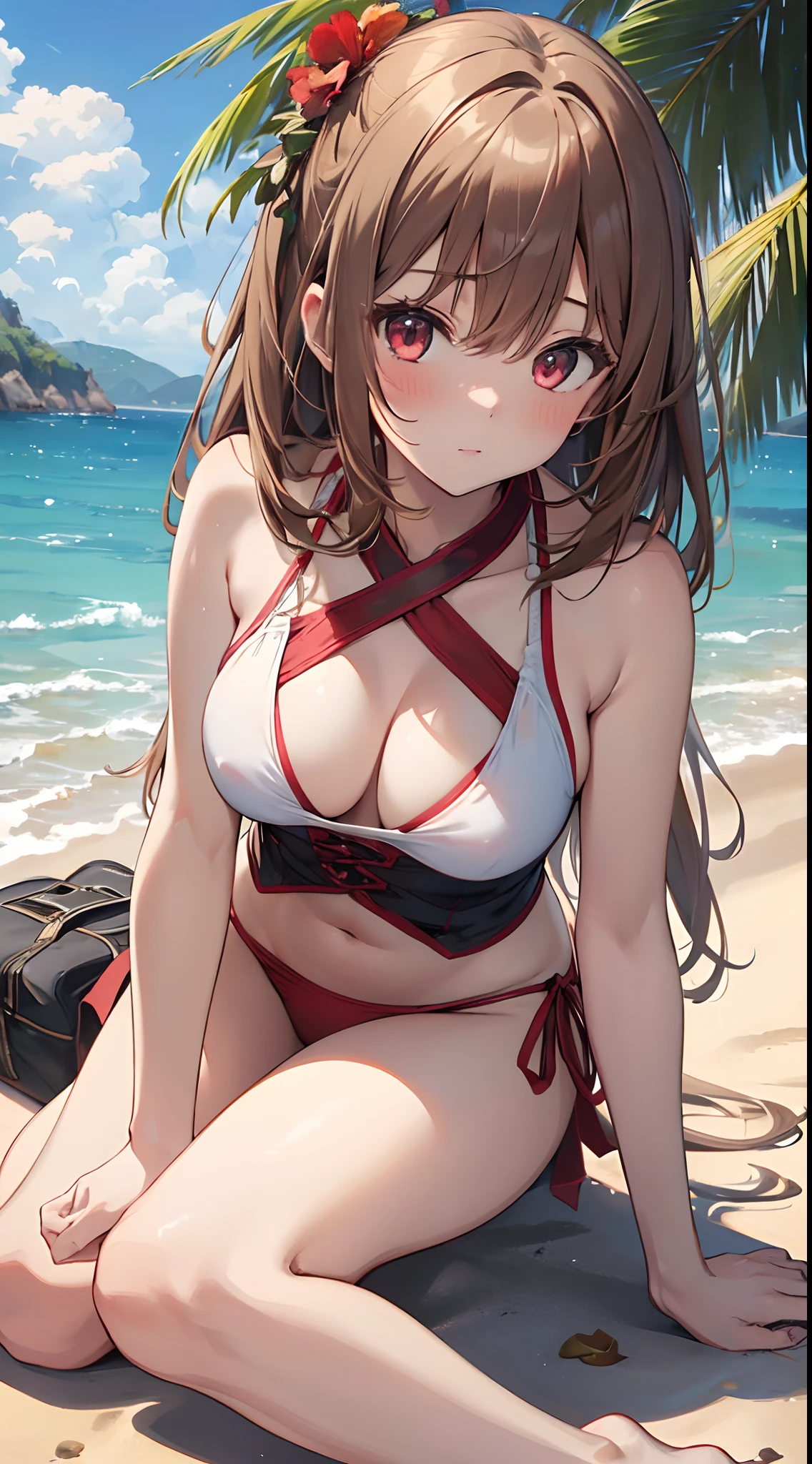 ((4K, master piece, Best Quality)), 1girl in, Light brown SHRT hair, Red Eyes, center parted hair, medium breasts, Cute, blush, Swimsuit, Summer,Beautiful and perfect legs, Clean and perfect hands
