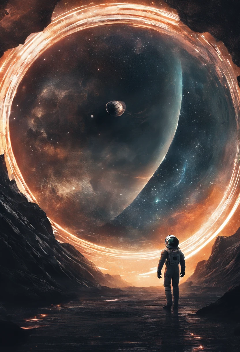 En Interstellar, An astronaut travels through a black hole in an interstellar universe，((Obra maestra))，(La mejor calidad))，Magnificent spatial image scene