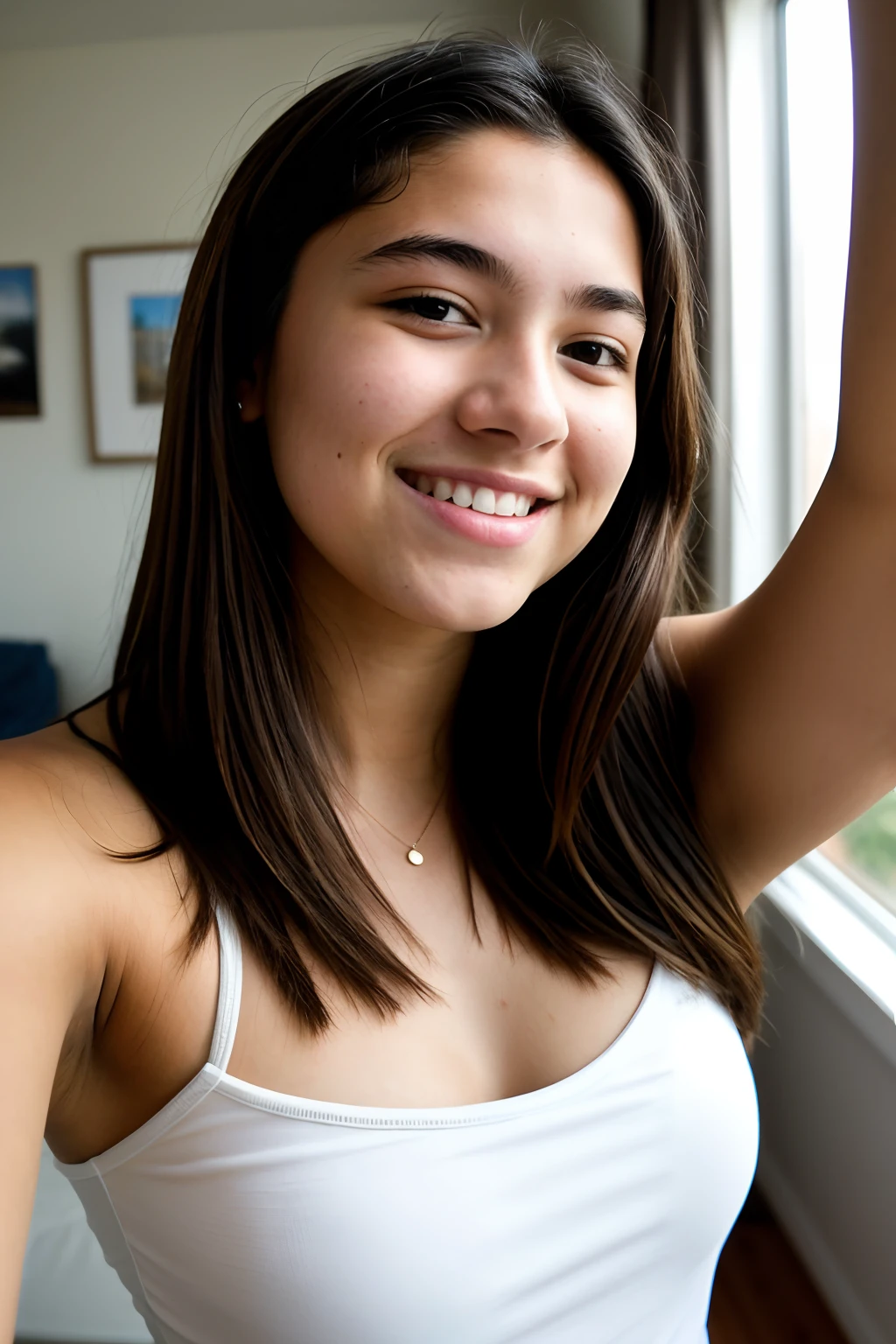 Sequential RAW photography, Photo of a 16-year-old teenager, ((upper body selfie, a happy)), detailized face, Slightly blurred detailed background, natural lightin, HDR, foto realista, professional photo of a, flirting with the viewer, Visual sexuality, Photorealistic, Linda, natural skin, 8K UHD, hiquality, Film grain, Fujifilm XT3