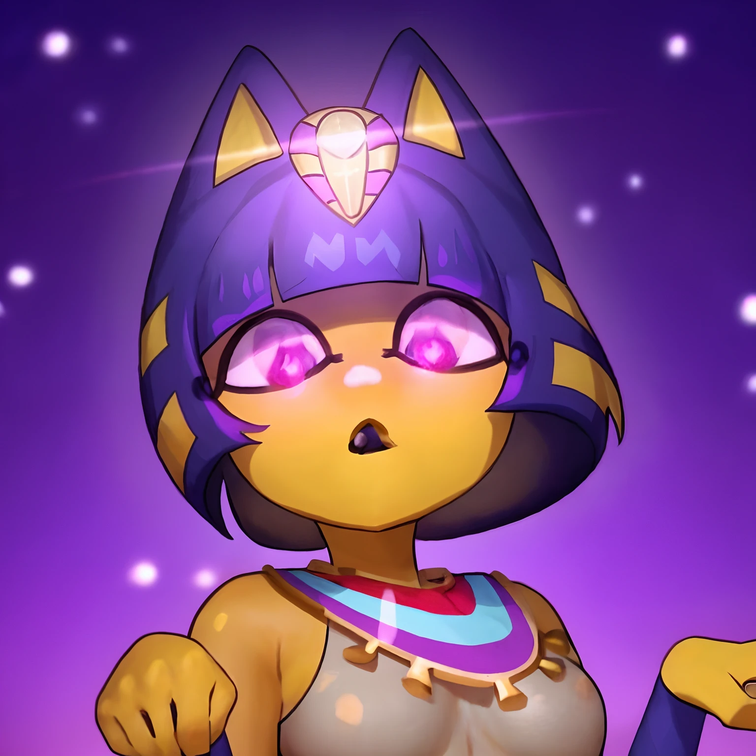 Ankha com lindo corpo com coxas atraentes charmosos, com longos Cabelos de cor vermelha e pelagem branca, usando uma roupa de panos branca e jardineira preta