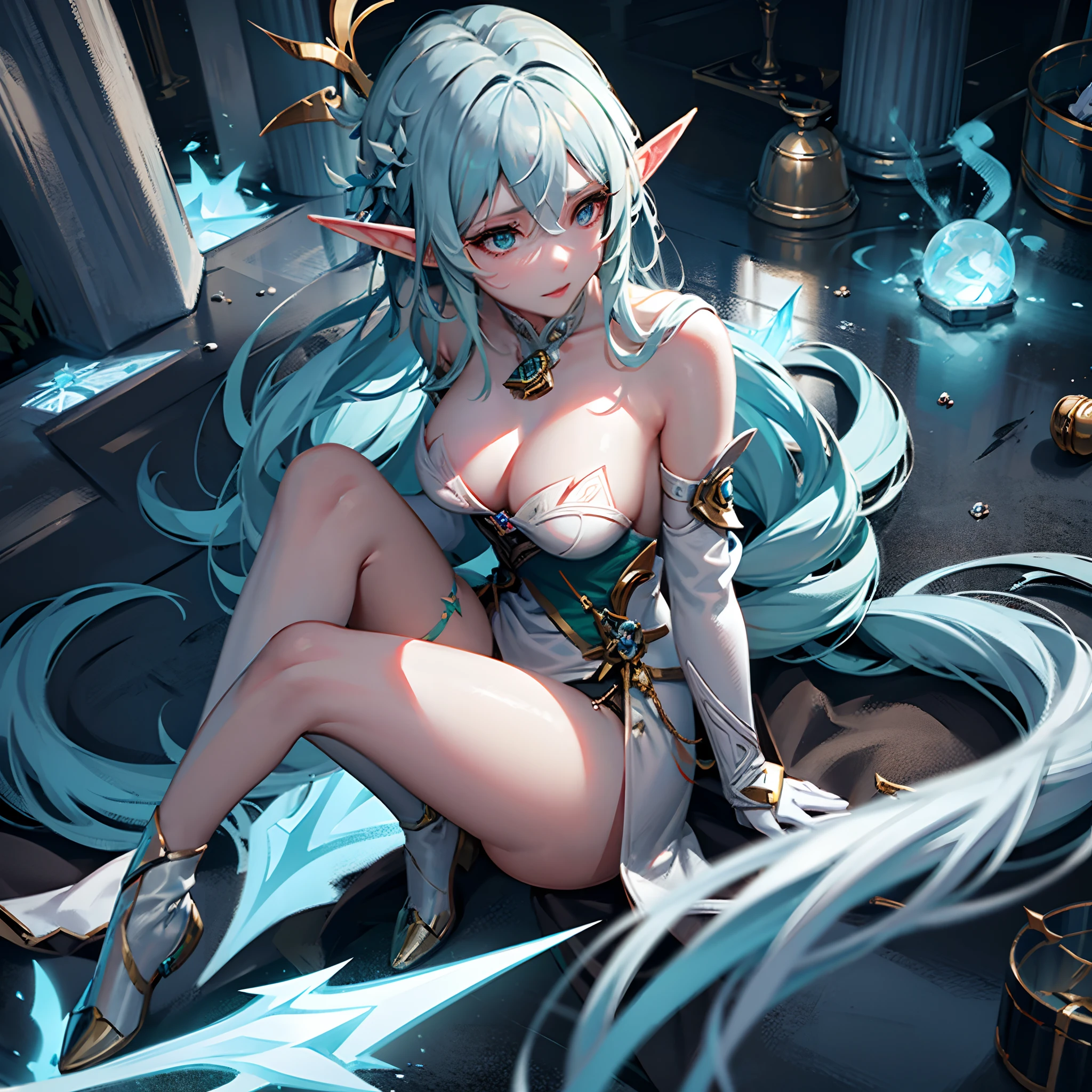 An elf girl, cryo power, cryo vision, cold face, sexy clothes, genshin impact character design, fantasy world