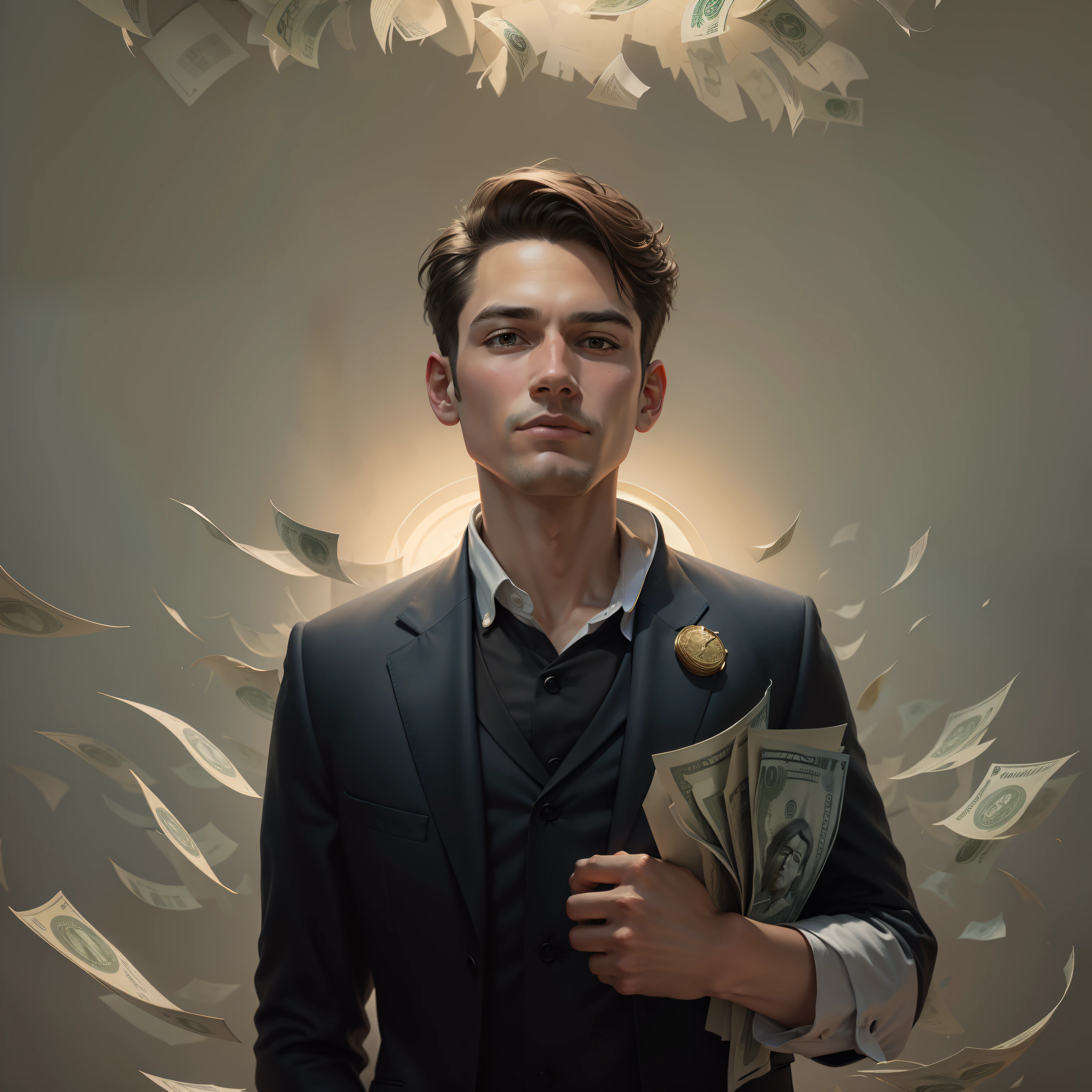 A detailed painting of a person in a suit, surrounded by a flurry of dollar bills, with the book Financial Freedom Formula in the center. And  also ned a perfect face cutting but do not change the face