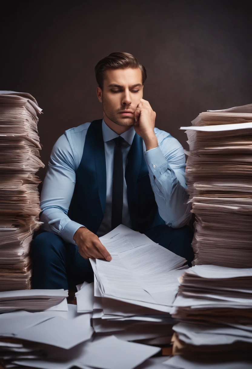 A photo of a disappointed businessman, Sitting in front of a pile of papers.