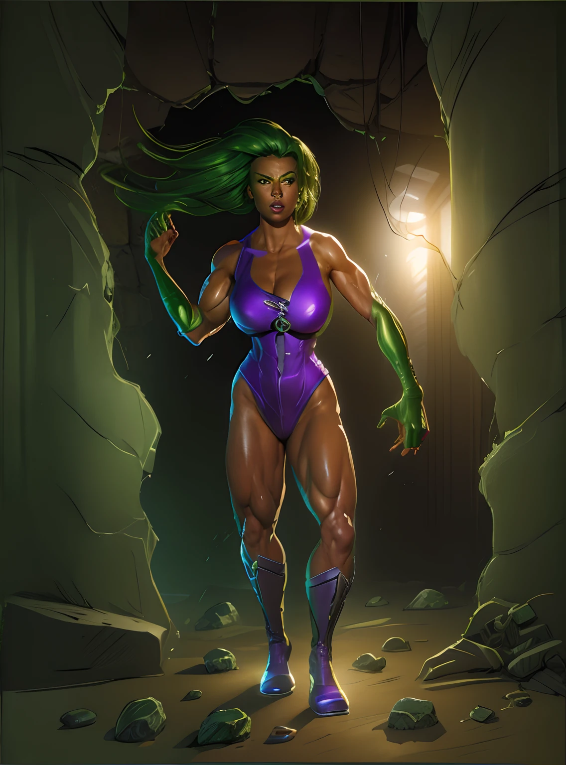 masterpiece, high detailed images, high quality images, high detailed faces, perfect faces, um desenho realista de uma mulher de pele verde, Green arms and legs, rosto verde, cabelos verdes, olhos verdes, In a white swimsuit and long purple boots standing in front of a broken brick wall, Chunks of bricks, rocks on the floor, inspirado por Gary Frank, mulher scifi, muscular female druid, character is in her natural pose, , female warrior, mulher humanoide, Mulher-Hulk!!, Mulher-Hulk!!!!!, comic drawing, inspirado em Clyde Caldwell, Fantastic Art, 8k