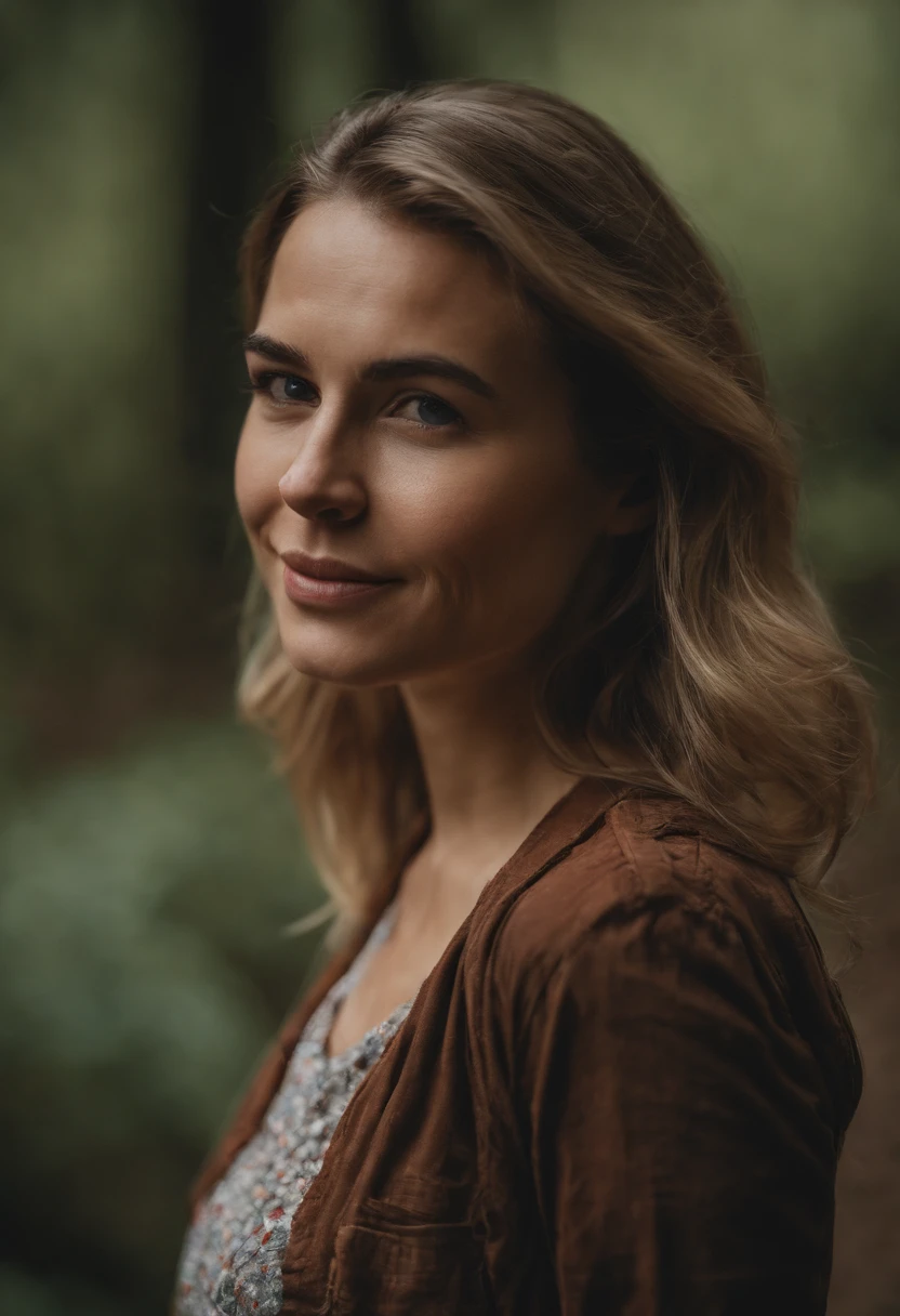 a perfect well-lit (closeup:1.15) (medium shot portrait:0.6) photograph of a beautiful woman standing on the hiking trail, wearing an intriguing outfit, looking at me, coy slight smile