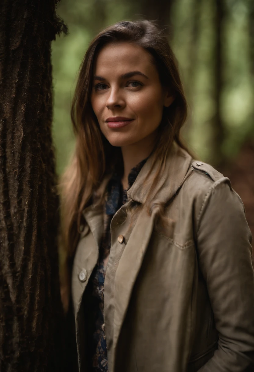 a perfect well-lit (closeup:1.15) (medium shot portrait:0.6) photograph of a beautiful woman standing on the hiking trail, wearing an intriguing outfit, looking at me, coy slight smile