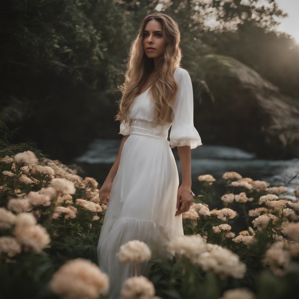 1girll, blacksilk，White_Hair, Pretty hip skirt，grotto, Verdant, Flowers, Beautiful, Idyllic, exalted, absurderes, Hyper-realism, Textured, maximum_detail, Digital SLR