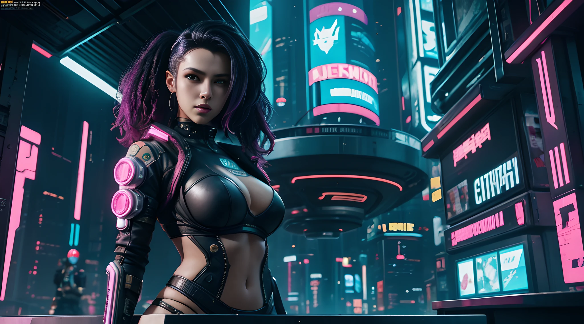 there is a woman in a futuristic suit standing in front of a mixer, in cyber punk 2077, cyberpunk lut, modern cyberpunk anime, cyberpunk futuristic neo, cyberpunk 2077”, cyberpunk judy alvarez, cyberpunk 8 k, female cyberpunk anime girl, cyberpunk art ultrarealistic 8k, cyberpunk anime girl, cyberpunk 2 0 y. o model girl very sexy in bikini in basen