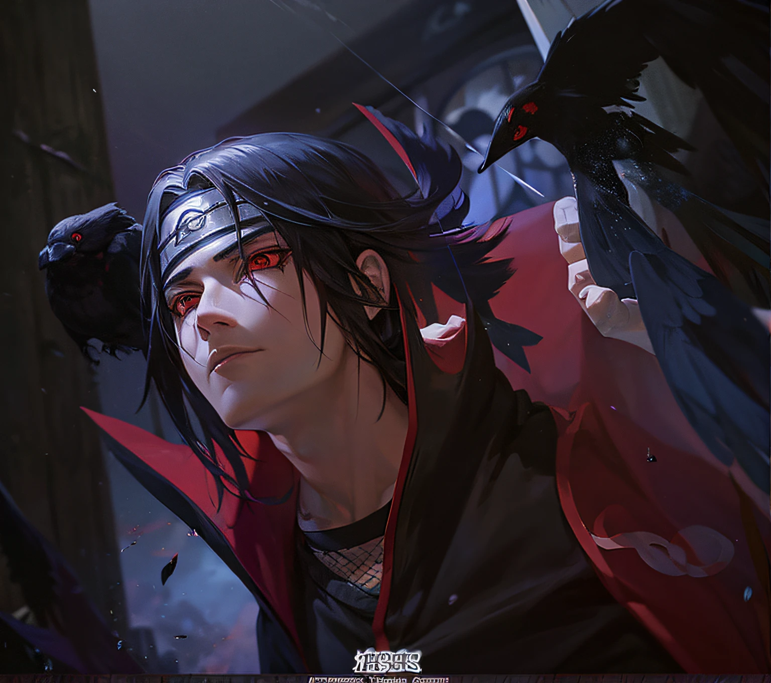 itachi uchiha, anime, naruto, crow flying, red eyes, sharingan
