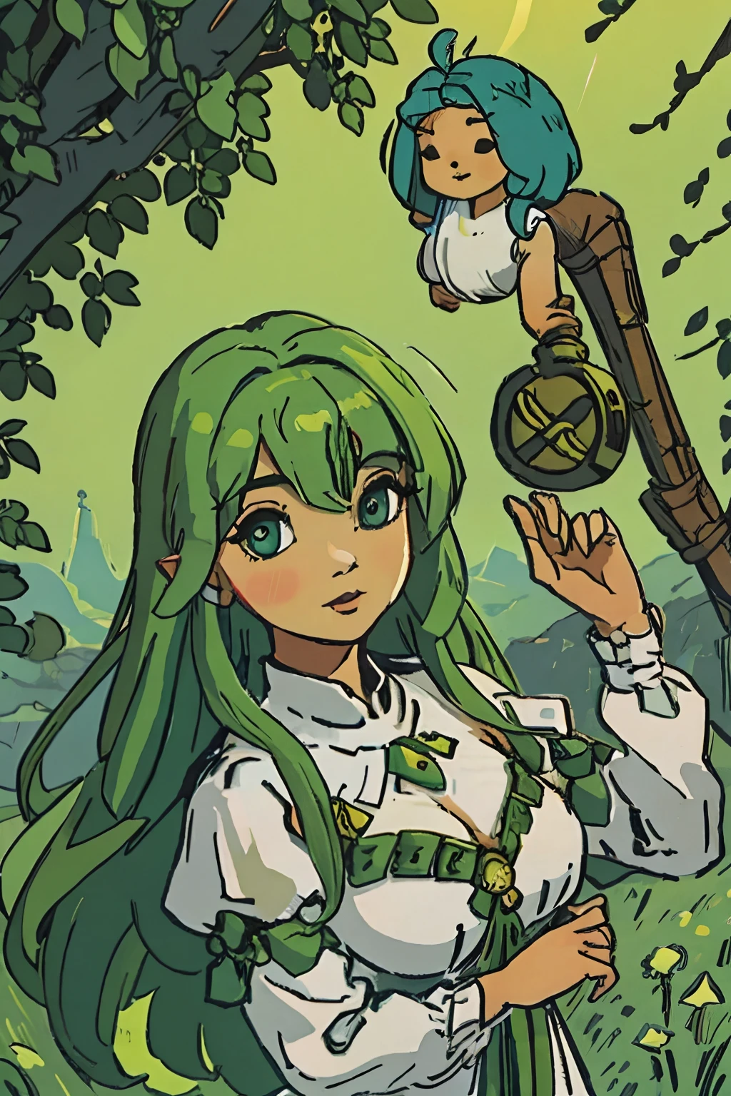 mulher druida com chifres cabelos verdes