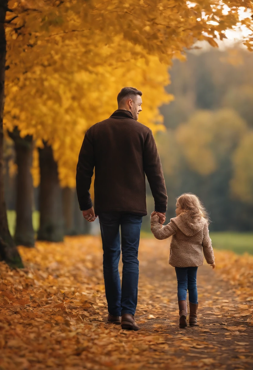 a father holds his little girl's hand, walking along a autumn street,cinematic lighting, (HDR,UHD,studio lighting), (best quality,4k,8k,highres,masterpiece:1.2),ultra-detailed,(realistic,photorealistic,photo-realistic:1.37),illustration,oil painting,3D rendering and photography, detailed eyes,detailed lips,extremely detailed eyes and face,long eyelashes, cozy and warm atmosphere,falling leaves,dramatic shadows,soft golden light,beautiful scenery,autumn colors,vivid colors,joyful expressions,loving bond between father and daughter,magical moments,scenic view,peaceful surroundings