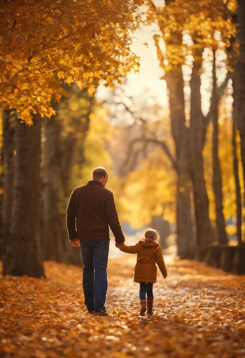 a father holds his little girl's hand, walking along a autumn street,cinematic lighting, (HDR,UHD,studio lighting), (best quality,4k,8k,highres,masterpiece:1.2),ultra-detailed,(realistic,photorealistic,photo-realistic:1.37),illustration,oil painting,3D rendering and photography, detailed eyes,detailed lips,extremely detailed eyes and face,long eyelashes, cozy and warm atmosphere,falling leaves,dramatic shadows,soft golden light,beautiful scenery,autumn colors,vivid colors,joyful expressions,loving bond between father and daughter,magical moments,scenic view,peaceful surroundings