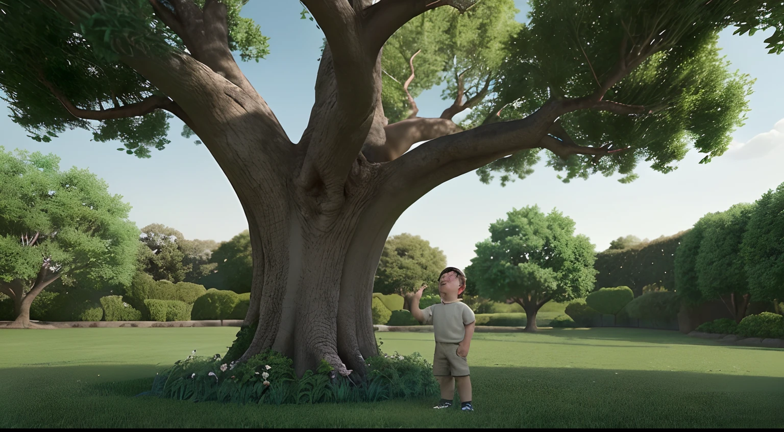 A six-year-old boy sleeps under a tree。