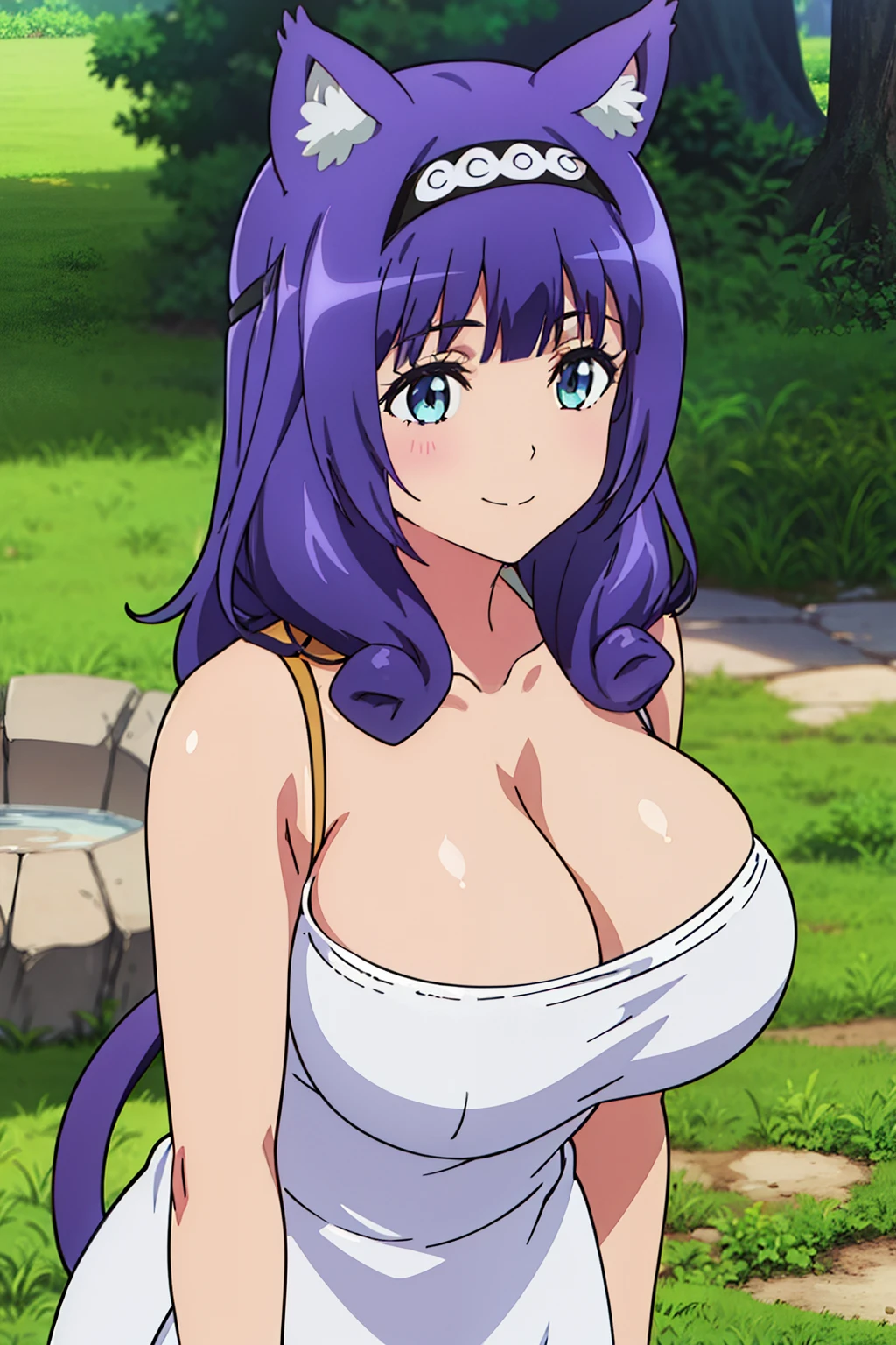 anime cels style, best quality, high resolution,1girl, hitamu_kyan_futokunoguild, purple_hair, bangs, animal_ears, animal_ear_fluff, blunt_bangs, hairband, blue_eyes, long_hair, cat_ears, (huge breasts:1.2), smile