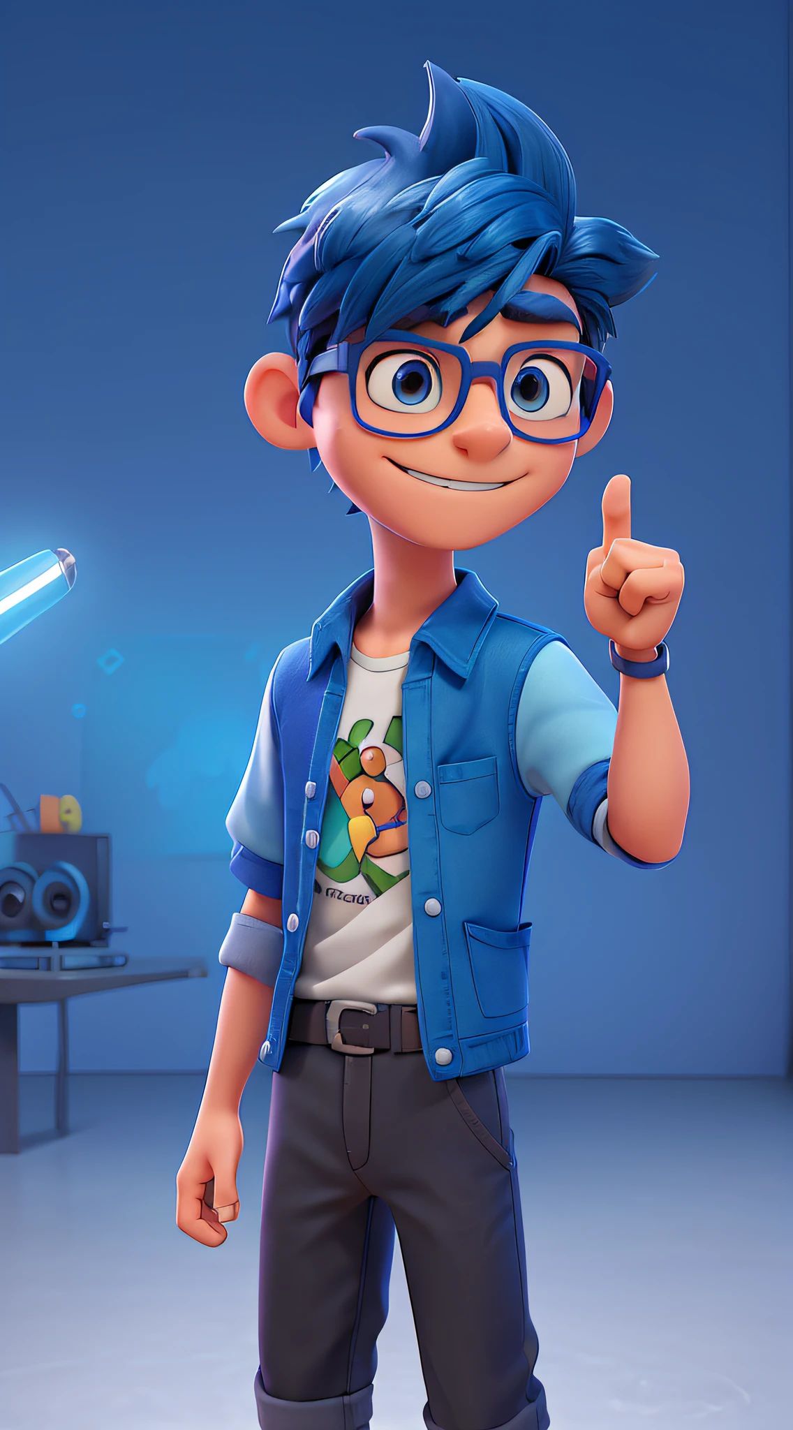 A young man coder geek with glasses, with arm in the air pointing finger up with blue hair and blue glasses, holding a laptop, digital painting, 3D character design by Mark Clairen and Pixar and Hayao Miyazaki and Akira Toriyama, 4K HD illustration, highly detailed facial features and cartoon style visuals.