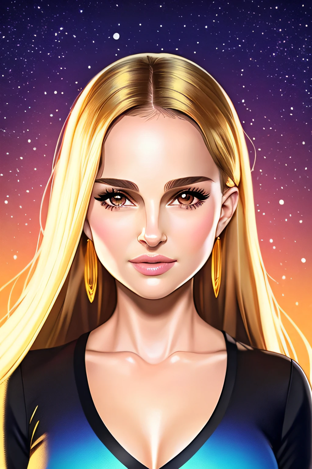 an ultrafine detailed painting,uo,flat vector art,hero girl,(Natalie Portman) beautiful anime style woman,Natalie Portman,smiling,Blonde hair,golden hair,glowing colors, wide angle, clean detailed faces, intracate clothing, analogous colors, glowing shadows, beautiful gradient, depth of field, clean image, high quality, high detail, high definition, Luminous Studio graphics engine, cute face, slim waist, nice hips,