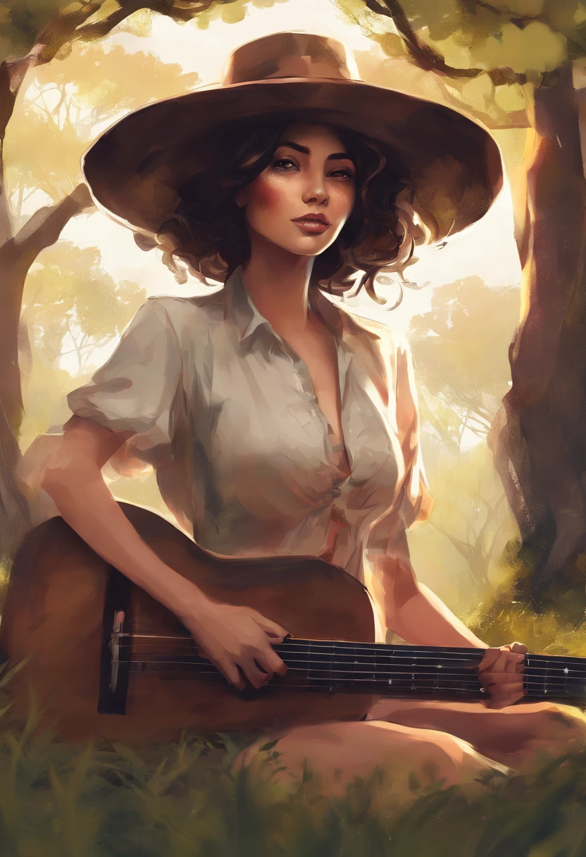 una Mujer hermosa (solamente) con cabello negro, Tocar un ukelele, Con un gran sombrero redondo, Sitting under the tree, Rayo de sol en su rostro , Behind the Current , y el bosque en el parque 32k,