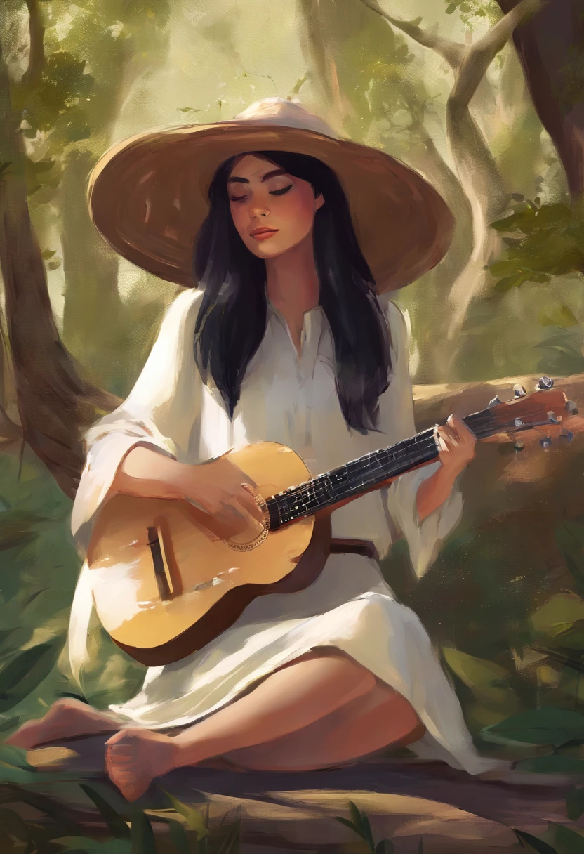 una Mujer hermosa (solamente) con cabello , Tocar un ukelele, Con un gran sombrero redondo, Sitting under the tree, Rayo de sol en su rostro , Behind the Current , y el bosque en el parque 32k,