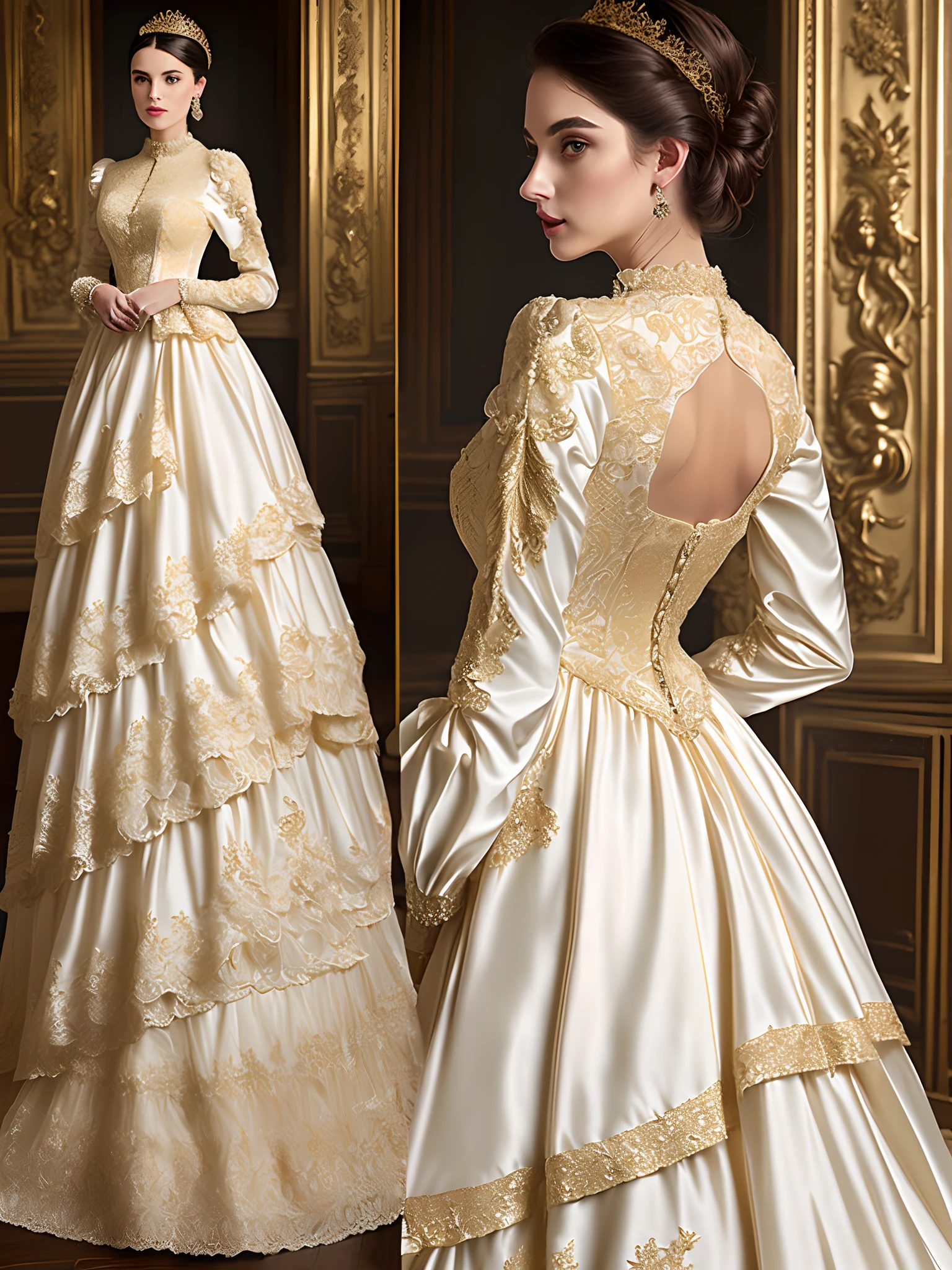 white flare long sleeve ruffled rococo ball gown golden leaf embroidery Renaissance Gown queen Victorian