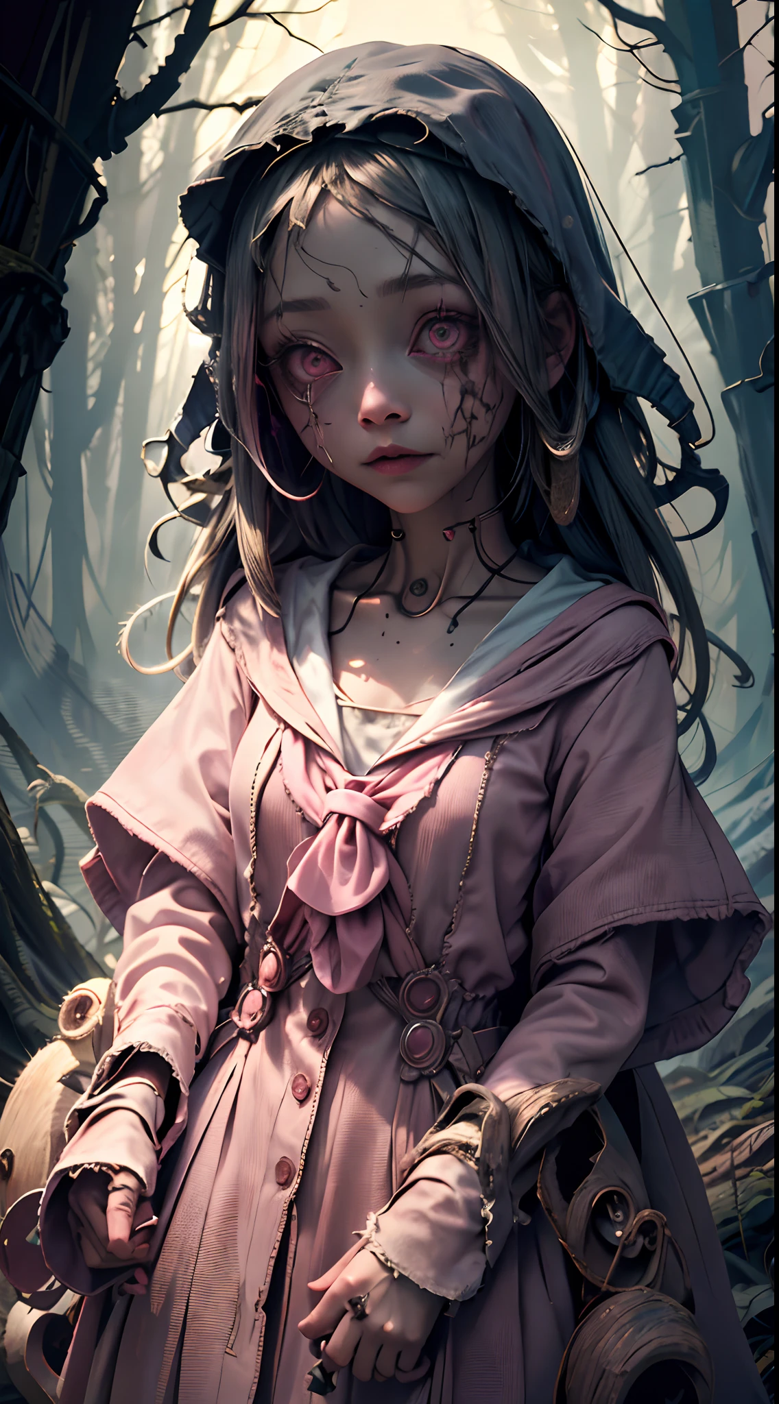 creepy girl, (pink school uniform:1.4), spooky woods, lost in dark wood, (at night:1.2), monsters, glowing eyes, (flawless skin:1.2), DarkWoodsStyle, kikimora