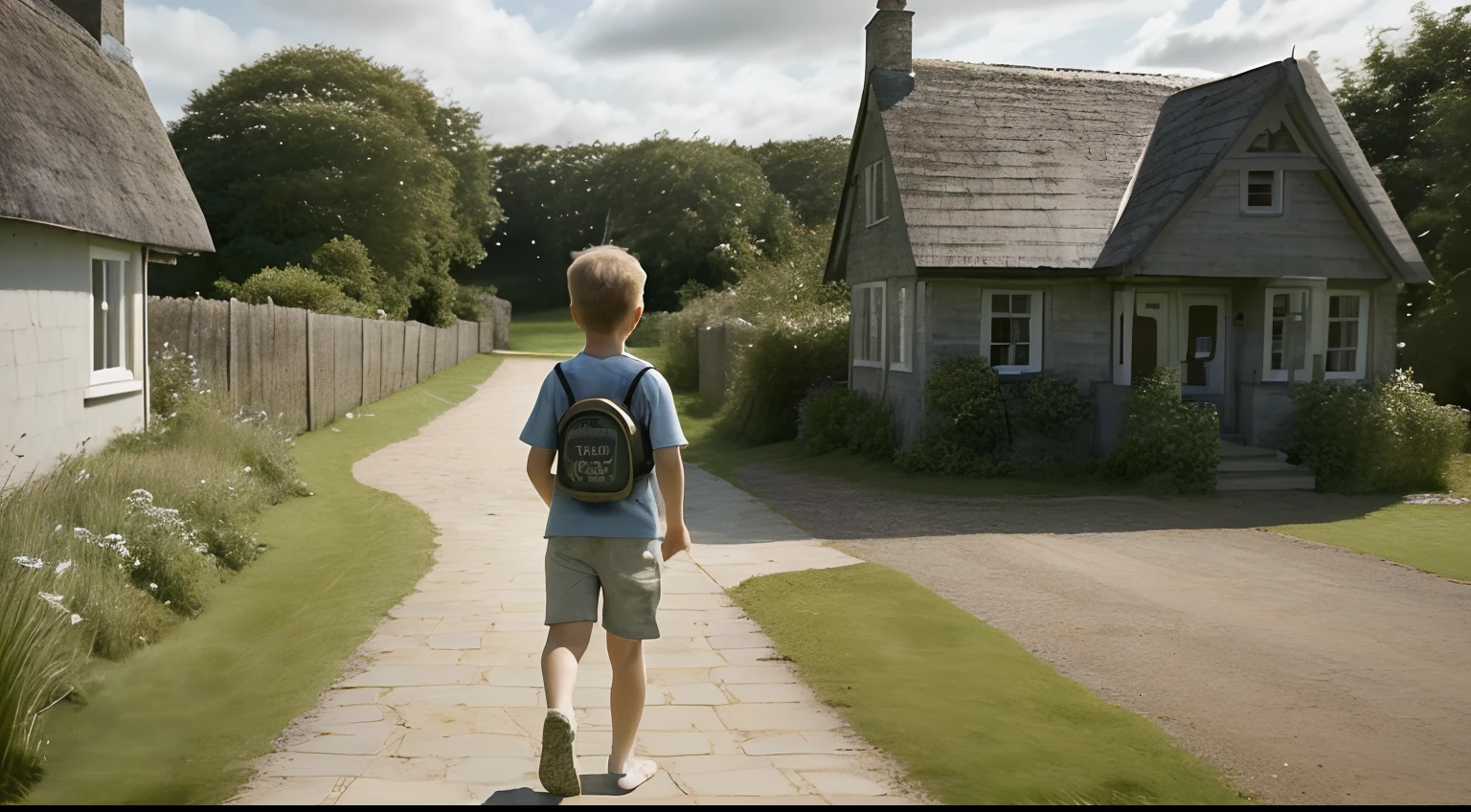 Conclude with an image of young boy leaving the cottage, carrying the wisdom of his grandfather.
    - He could be shown walking away, looking towards the future with determination.cartoon style