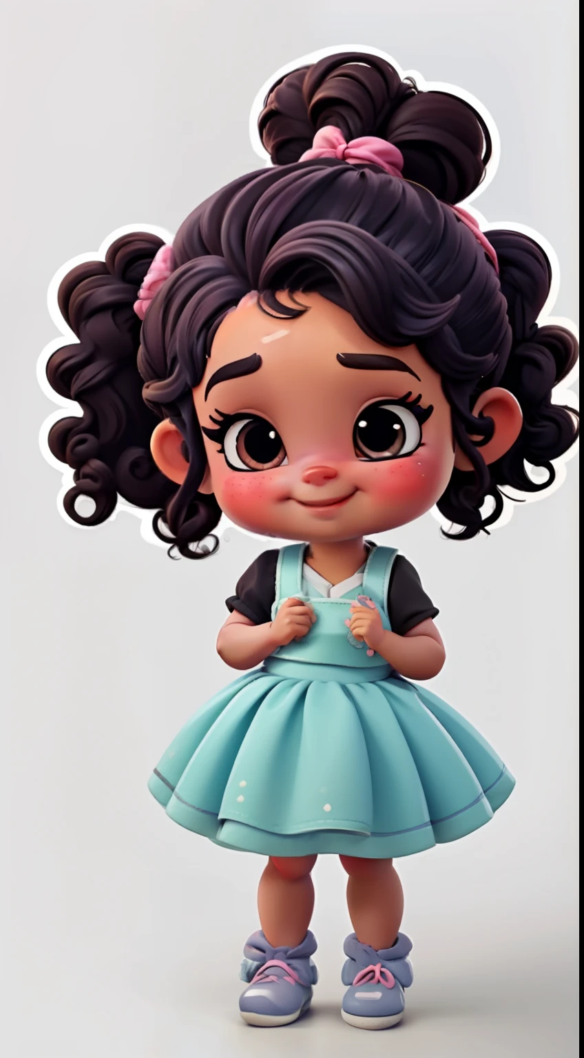 uma garotinha fofa (((( style)))) em um chef confeiteiro, Estilo Chibi, Ela tem (((cabelo preto curto))), ((((hair tied back with two ponytails))))), ( ((curly hair))), olhos castanhos, She is grinning, She's wearing a pink and blue dress, com sapatos brancos, She's holding a slice of cake with frosting, she is standing, corpo inteiro, com seu pano de fundo em fundo branco liso, Adicione detalhes leves e muita qualidade, Your hands are perfect with lots of details