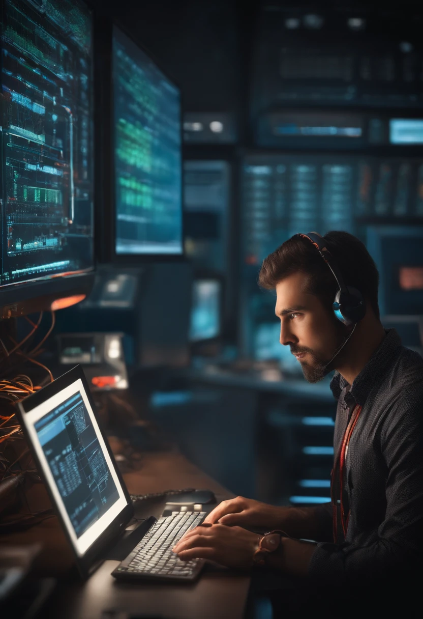 Generate Realistic Image of IT Technician, with expression of concern resolving software problems, Network issues or funny requests from users.