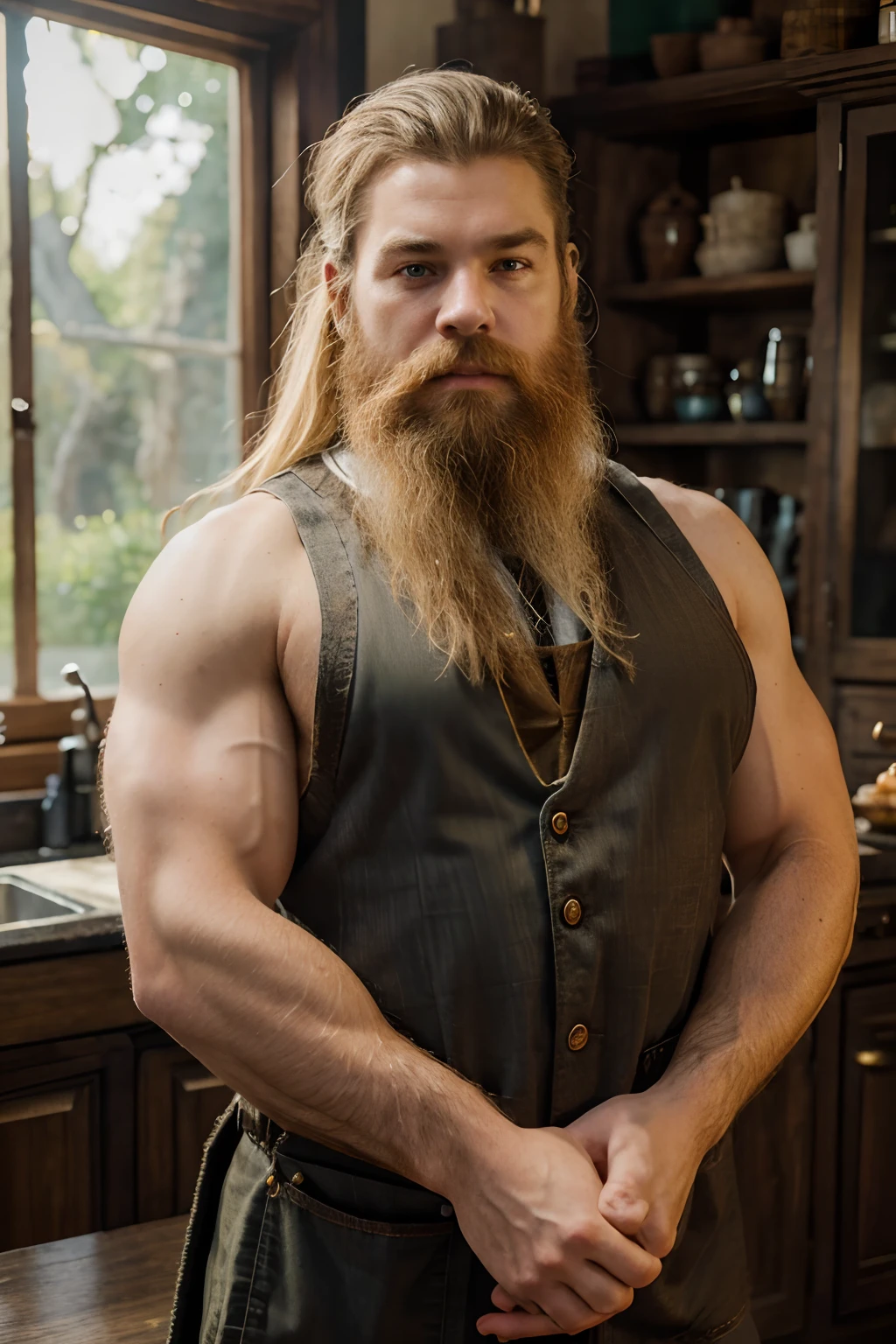 (best quality, detailed facial features,4k, 8k, high resolution, masterpiece: 1.4) Nordic man, shaved blonde hair with braids, stocky body, (taking a shower,water falling from the shower),standing,water,rustic fabric underwear,blonde shaggy hairy chest,viking large beard,wooden cabin, ((viking tattoo on arm,hands on head)) 