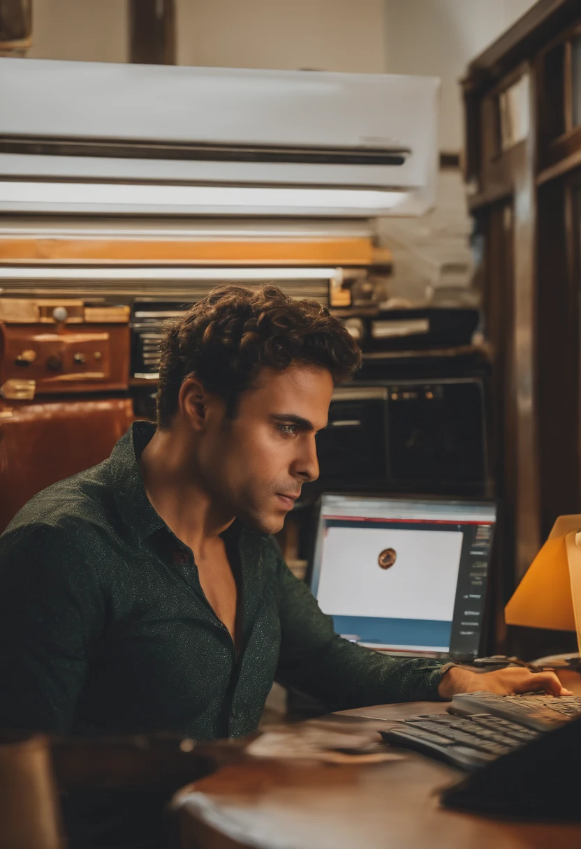 profissional de TI sentado em frente a um computador, with a tired, exasperated expression.