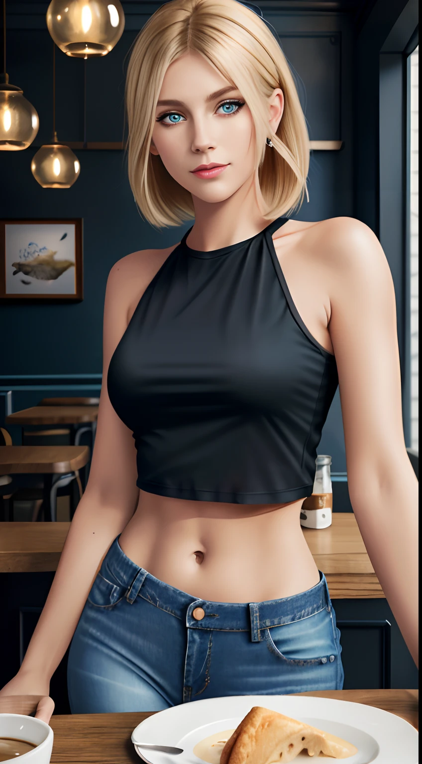 An attractive woman with diamond blue eyes, sparkling blonde hair, gorgeous body, wearing a black top, tabby abdomen, jeans, anatomically perfect, in a café, HD picture, 8k, artwork, perfect illustration