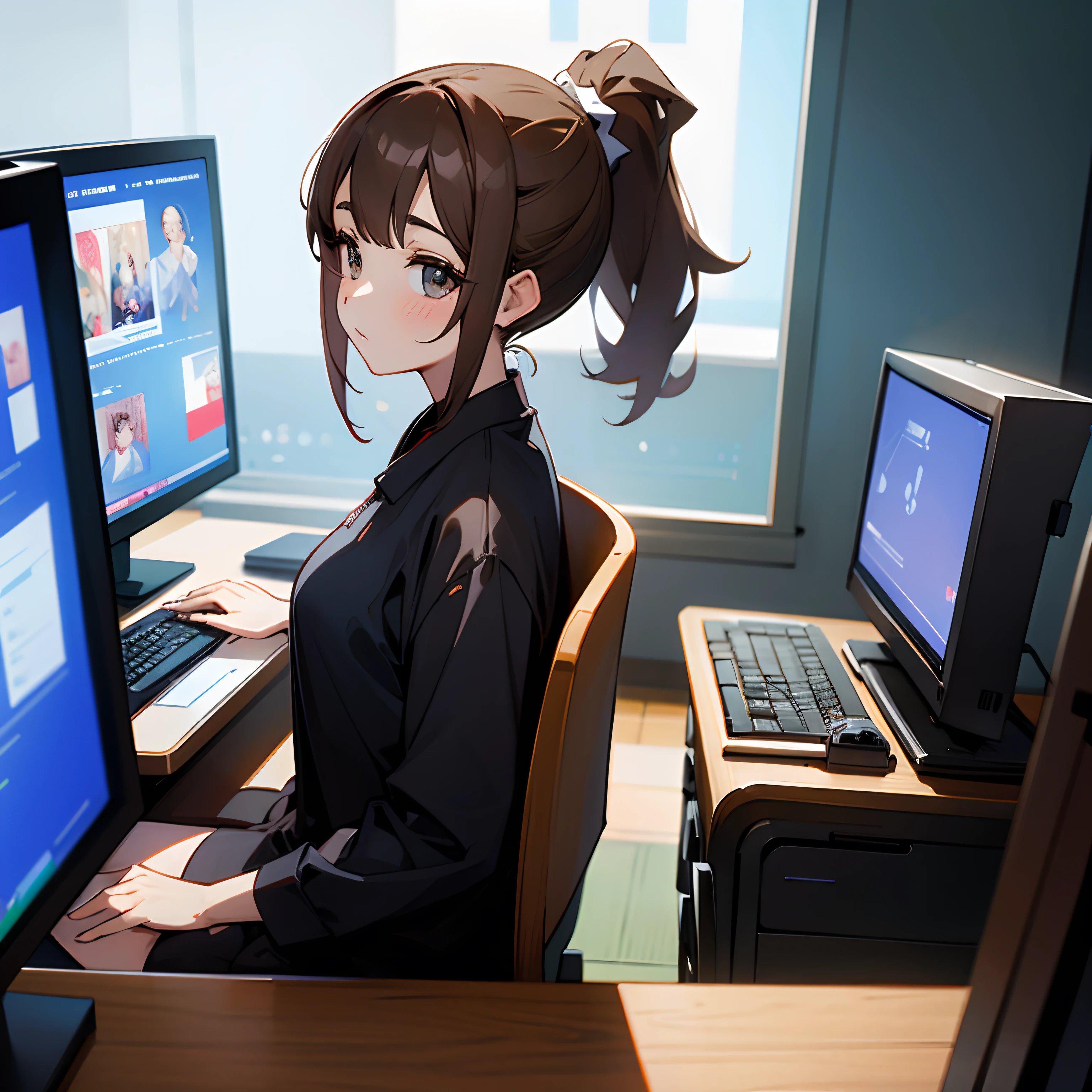Woman in brown ponytail、personal computers、