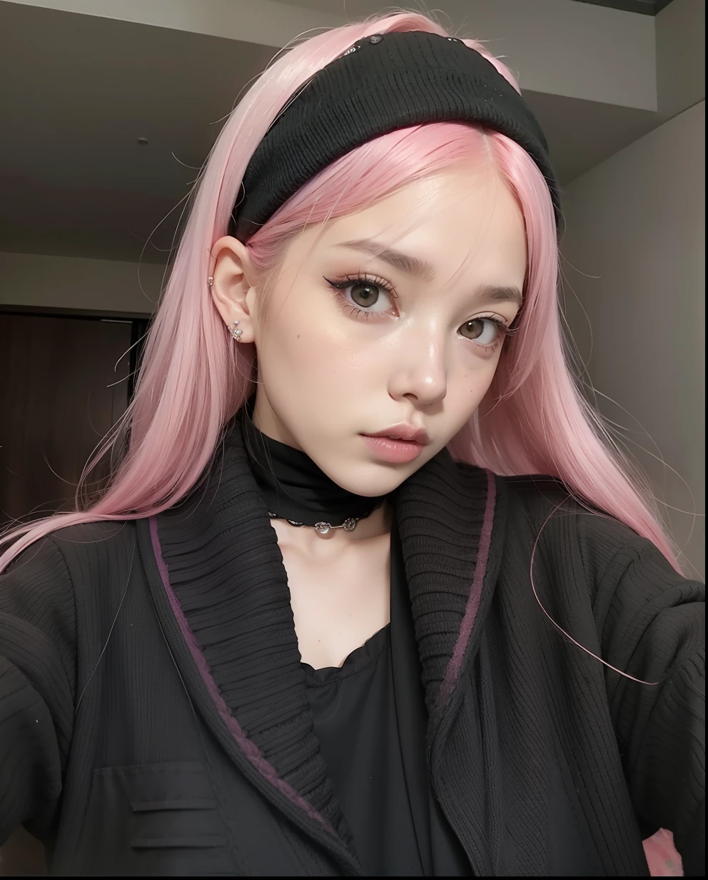Girl with pink hair wearing a black sweater and a black scarf, com cabelo rosa, menina bonito com cabelo rosa curto, cabelo liso rosa, cruel korean goth girl, tom de pele rosa pastel, 1 7 - year - old anime goth girl, linda Delphine, pale goth beauty, Ulzzang, flowing pink hair, O corte Hime, cabelo rosa claro