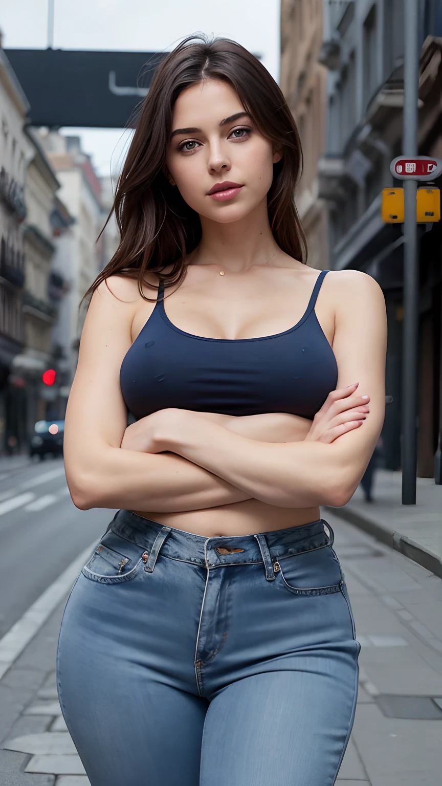 (Realstic, high resolucion:1.3), 1 fille avec un corps parfait, Visage et yeux super fins,cheveux longs, Small Dark Blue Tank TopColors:1.2, jeans court, large breasts and chickadees,Exposing the neckline, corps complet ,marche,gros cul, Street background