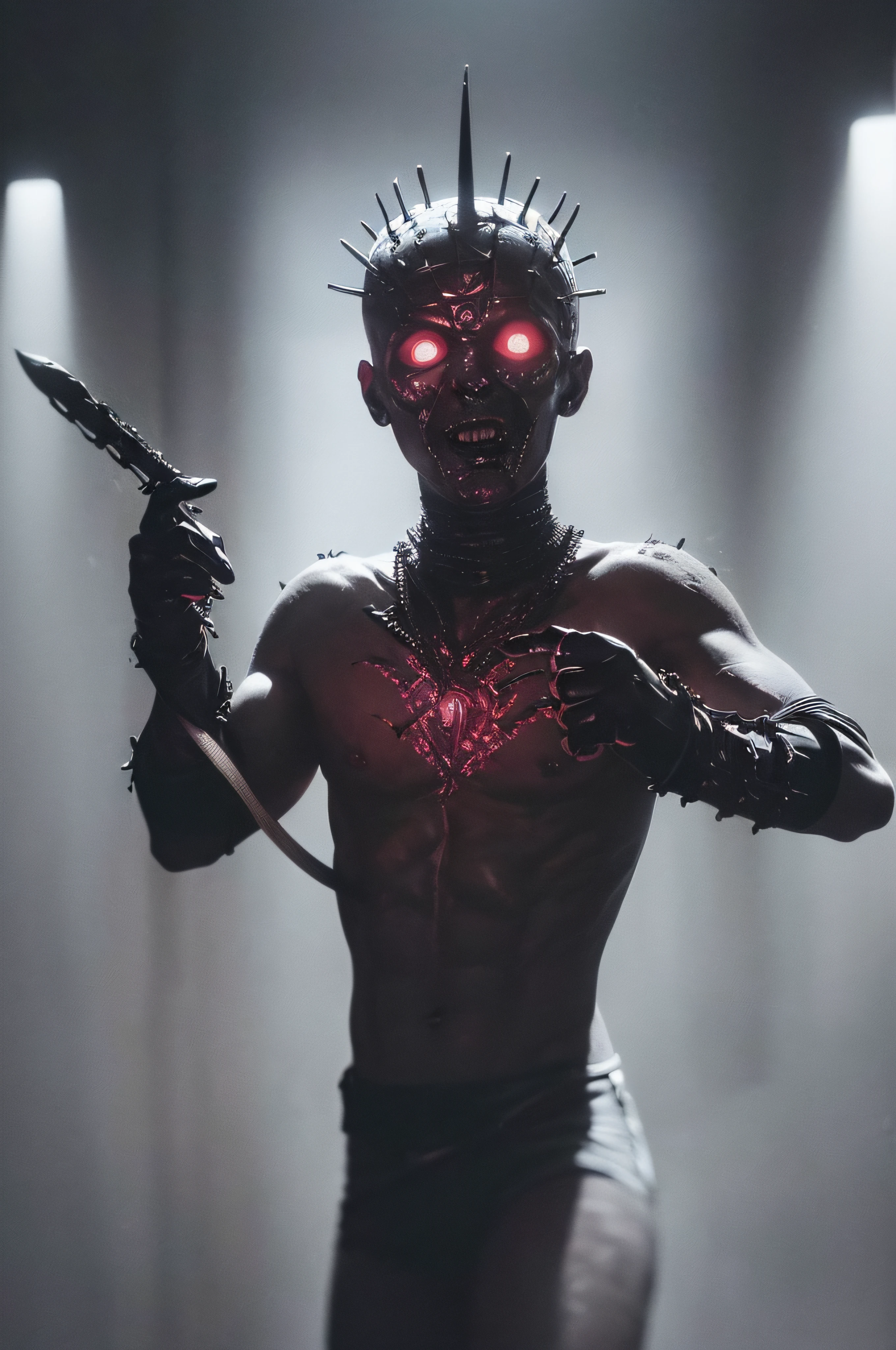 "(The best lighting, oscuro, dramatic),(feto calavera alien, Hellraiser, Cicatrices, , sexy, cerebro, sangre, una rata dentro de la cabeza, terror.),(ojos rojos, calaveras). morning light.