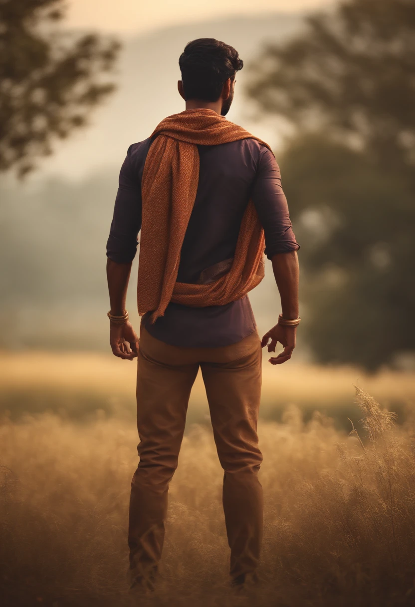an indian young man hero pose, Embraced, field, back to back, 4k, illustration, digital drawing, animification,y, illustrate