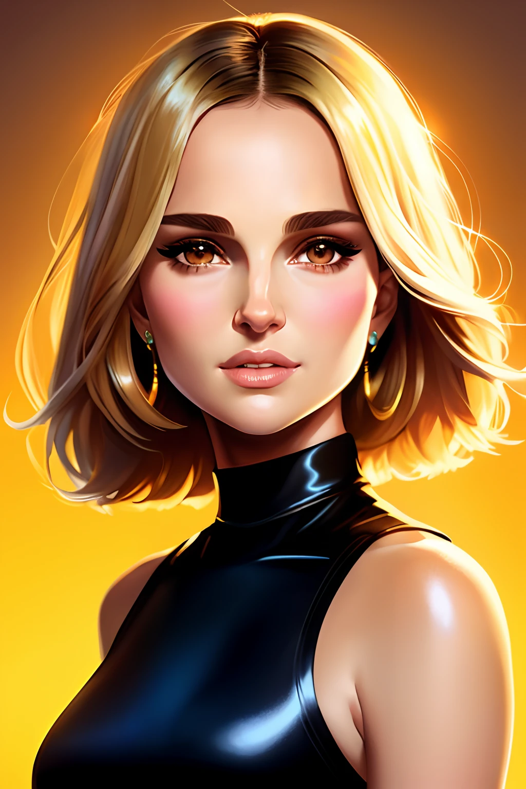 an ultrafine detailed painting,uo,flat vector art,hero girl,(Natalie Portman) beautiful anime style woman,Natalie Portman,smiling,Blonde hair,golden hair,glowing colors, wide angle, clean detailed faces, intracate clothing, analogous colors, glowing shadows, beautiful gradient, depth of field, clean image, high quality, high detail, high definition, Luminous Studio graphics engine, cute face, slim waist, nice hips,style of Daniela Uhlig