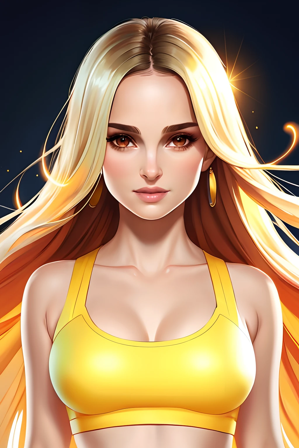 an ultrafine detailed painting,uo,flat vector art,hero girl,(Natalie Portman) beautiful anime style woman,Natalie Portman,smiling,Blonde hair,golden hair,glowing colors, wide angle, clean detailed faces, intracate clothing, analogous colors, glowing shadows, beautiful gradient, depth of field, clean image, high quality, high detail, high definition, Luminous Studio graphics engine, cute face, slim waist, nice hips,style of Daniela Uhlig