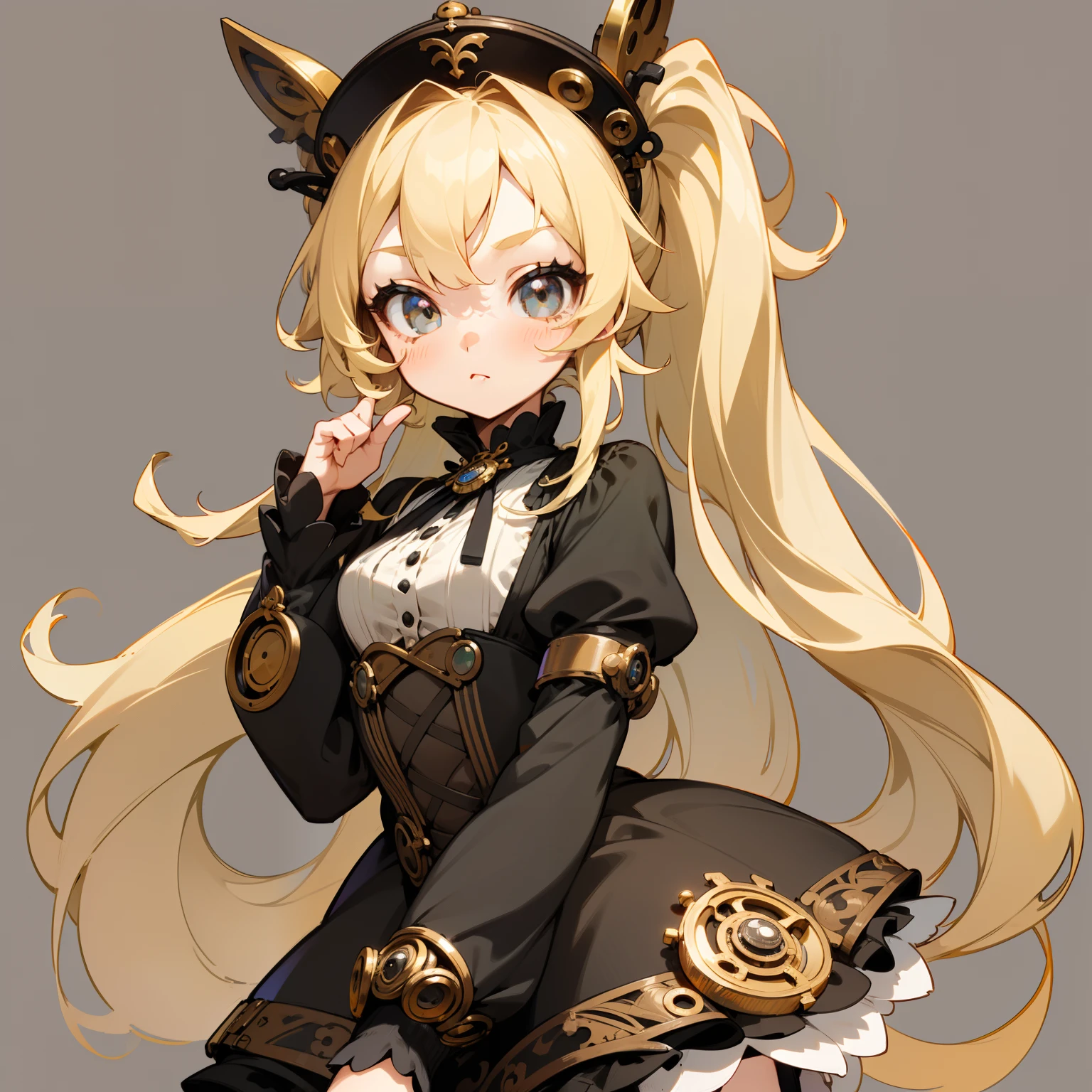 1GIRL, cute girl, finely detailed, (best quality), (intricate details), cute style, loli, steampunk style, clockwork style, multicolored, ((long blonde hair in long ponytail)), best quality, ((short puffy long sleeve dress)), ((black dress)), ((white thigh high socks)), ((round eyes)), beautiful face, cute face, pinup, perfect face, simple background