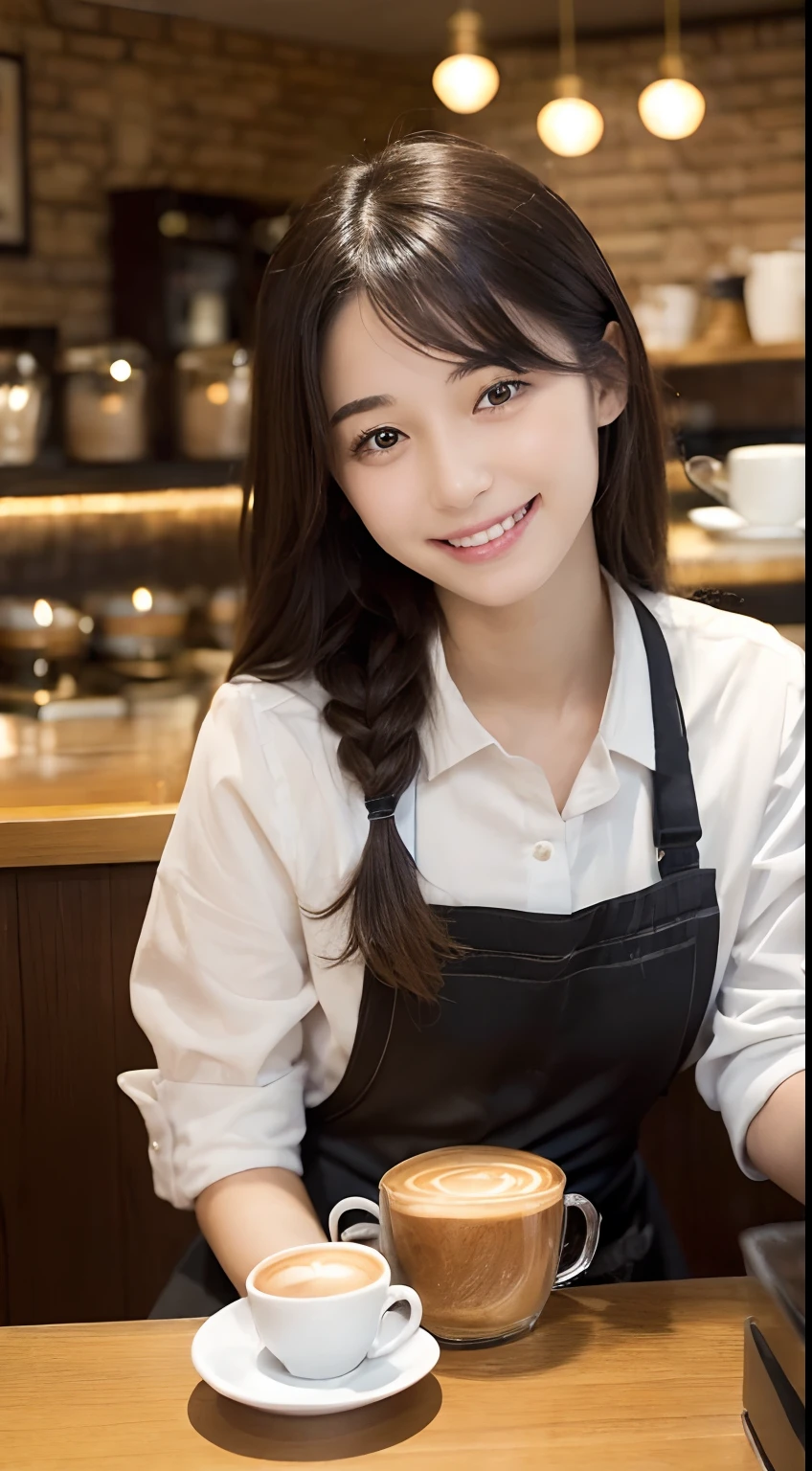 (Female clerk in café:1.4),Beautiful 16 year old woman,Natural smile,