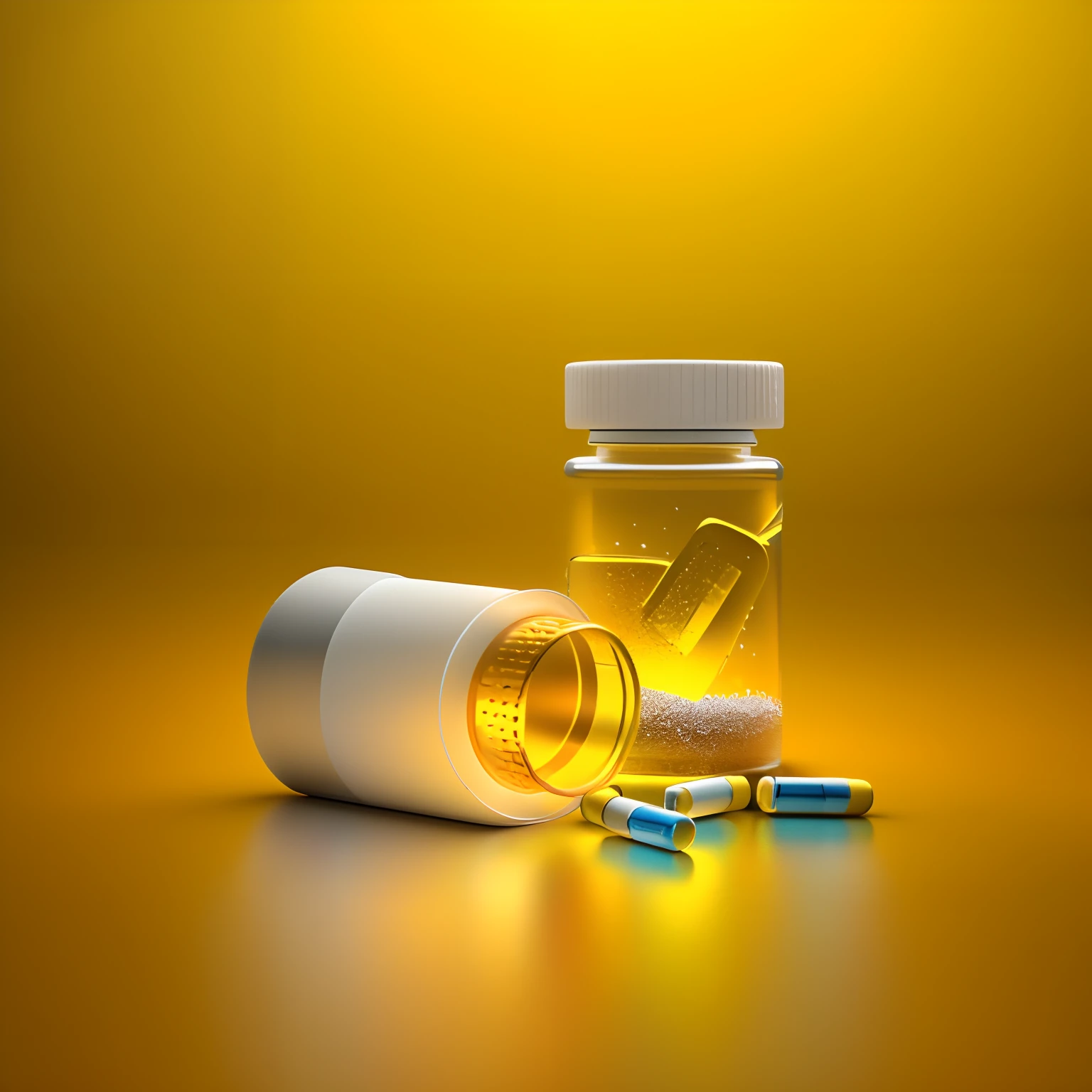 There are two pills and a bottle of vitamin on a yellow background, high quality topical render, 3 d product render, dramatic product shot, product render, 3 d render fotorrealista, crisp detailed 3 d render, ultra realistic 3d illustration, with 3d render, alta qualidade 3d realista, with 3d render, photorealistic 3d render