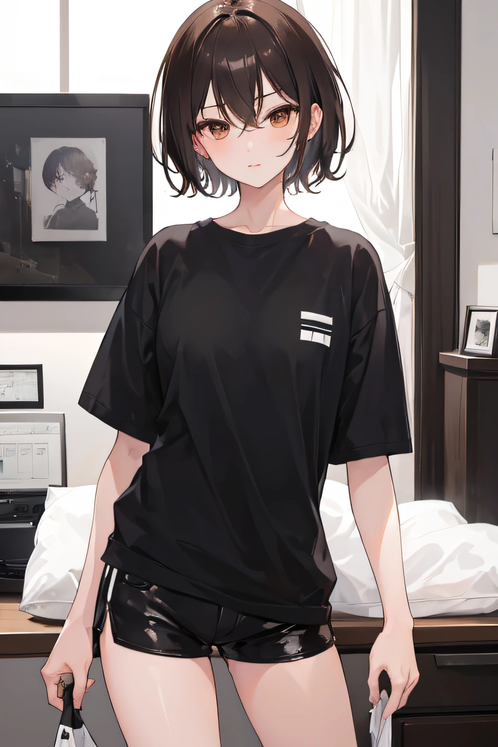 1girl, sexy, short hair, brown eyes, white skinny, black shorts, home, high res, ultrasharp, 8K, masterpiece, looking at viewer