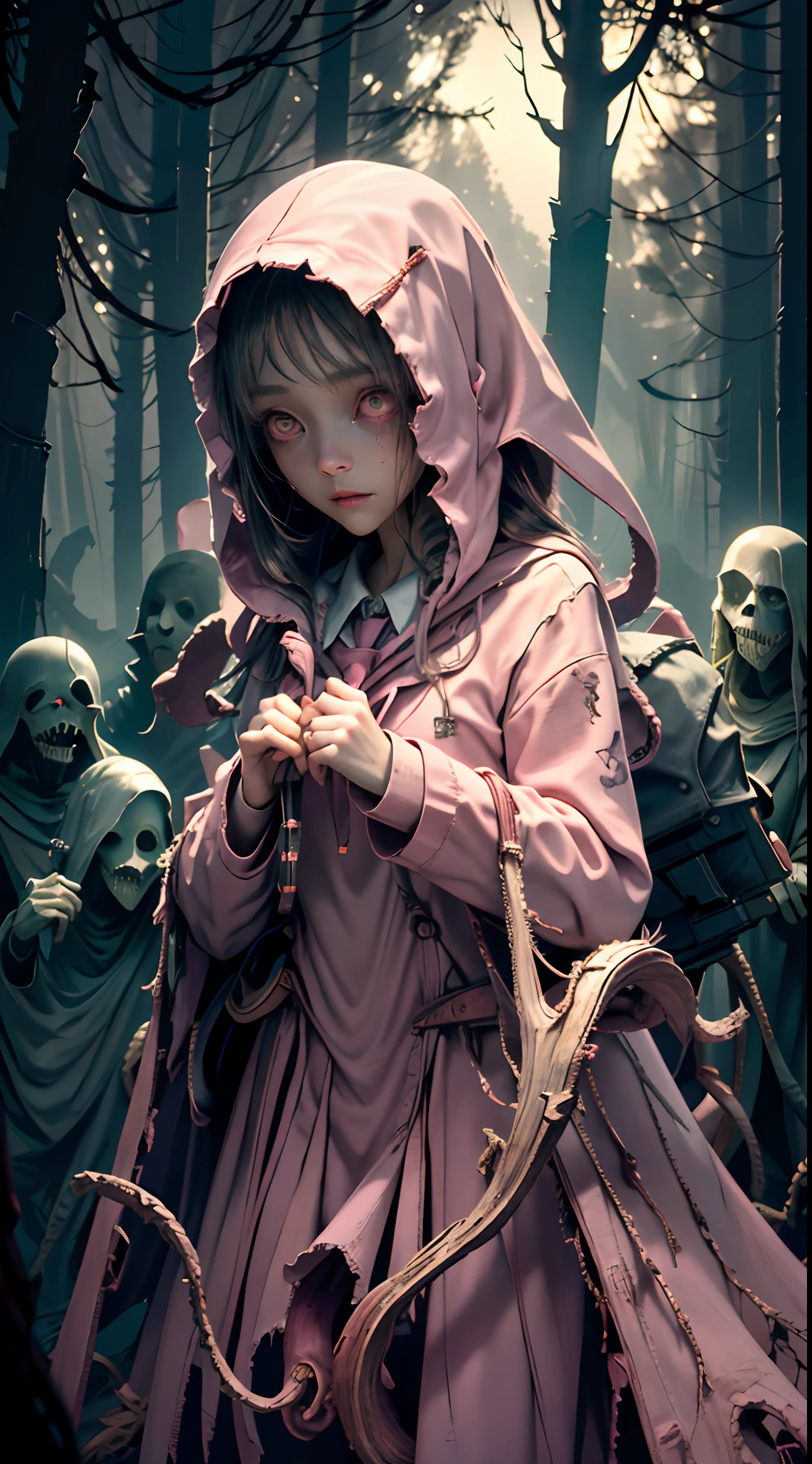 creepy girl, (pink school uniform:1.4), spooky woods, lost in dark wood, (at night:1.2), monsters, glowing eyes, (flawless skin:1.2), DarkWoodsStyle, kikimora