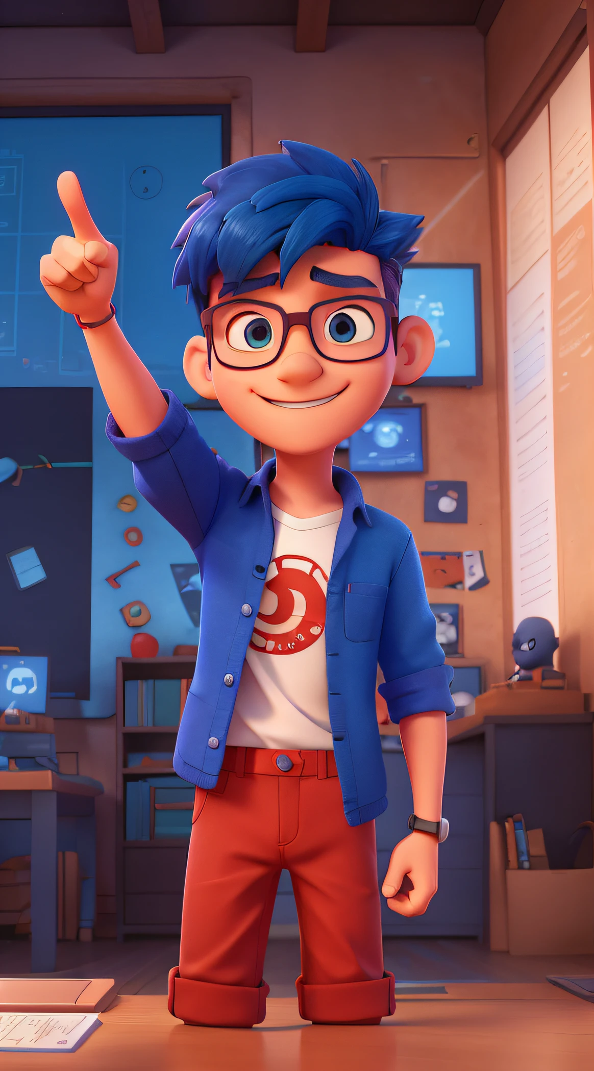 A young man coder geek with glasses, with a red pant, with arm in the air pointing finger up with, blue hair and blue glasses, holding a laptop, digital painting, 3D character design by Mark Clairen and Pixar and Hayao Miyazaki and Akira Toriyama, 4K HD illustration, highly detailed facial features and cartoon style visuals.